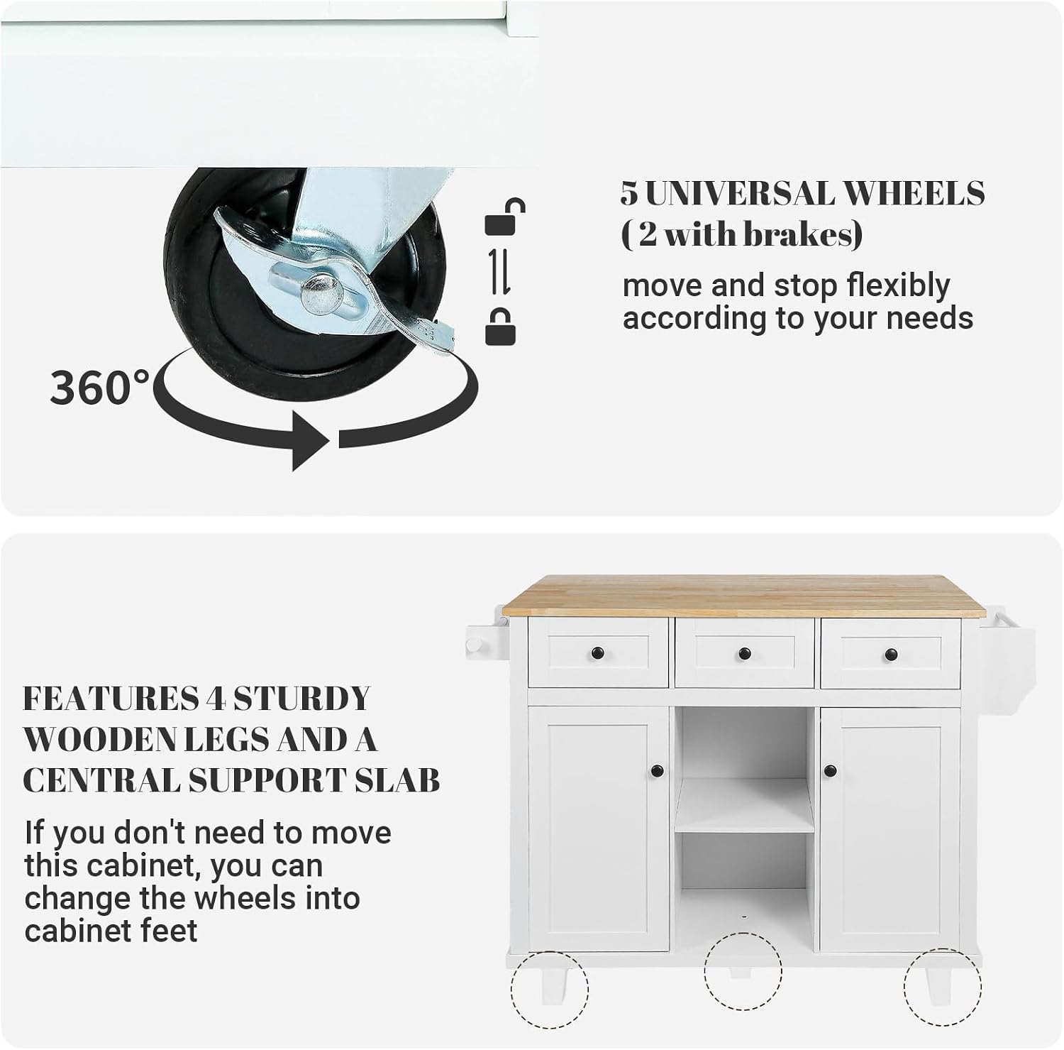 Rovibek Kitchen Island with Drawers 53 in Rolling Island Cart Mobile Portable Islands on Wheels Solid Wood Island with Storage Cabinet & Drawers, Bright White