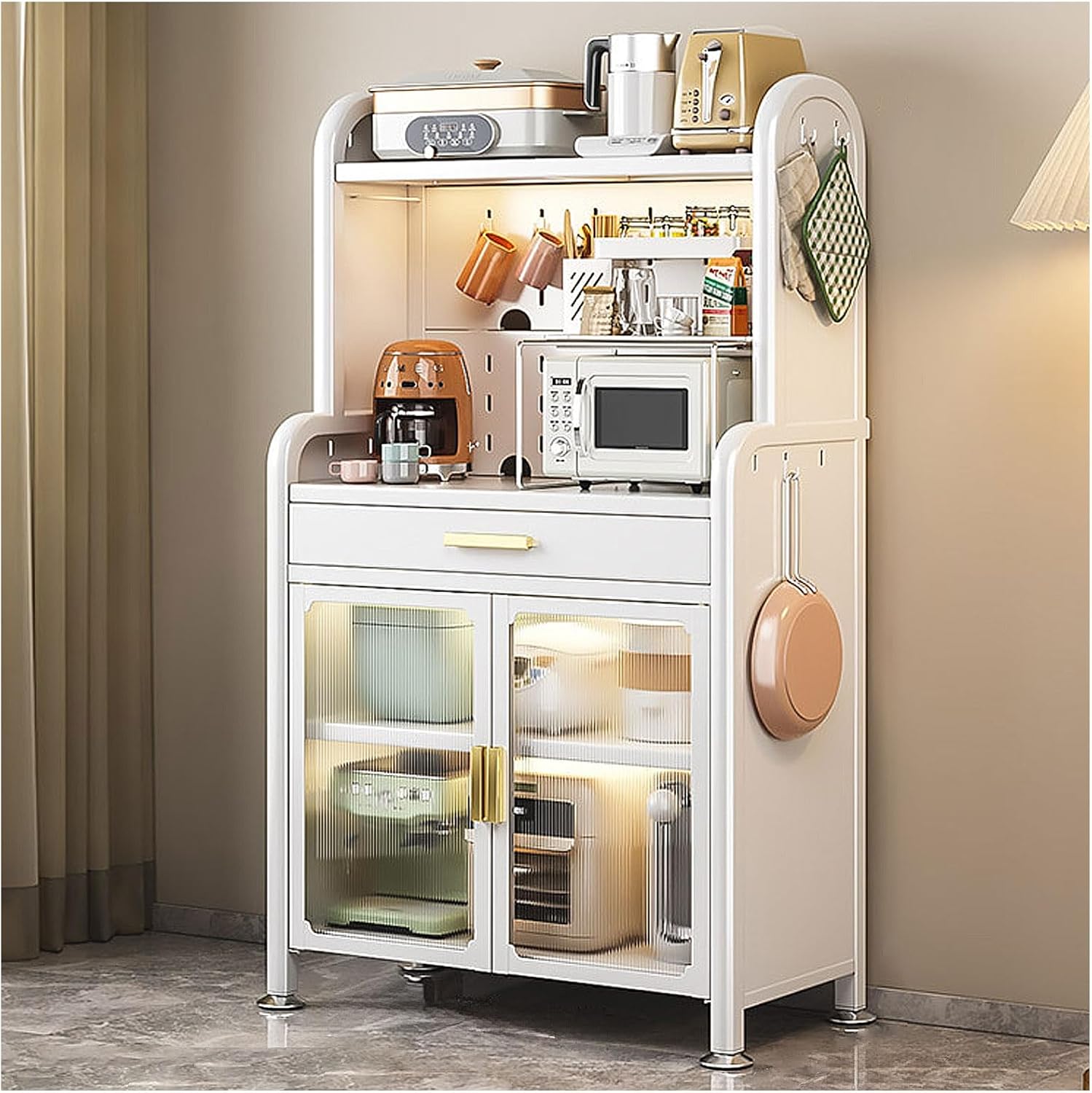 White Kitchen Bakers Rack with Drawer and Adjustable Shelf 5 Tier Microw Stand Free Standing Storage Cabinet Modern Design Space Saving Solution (147.5×60cm)