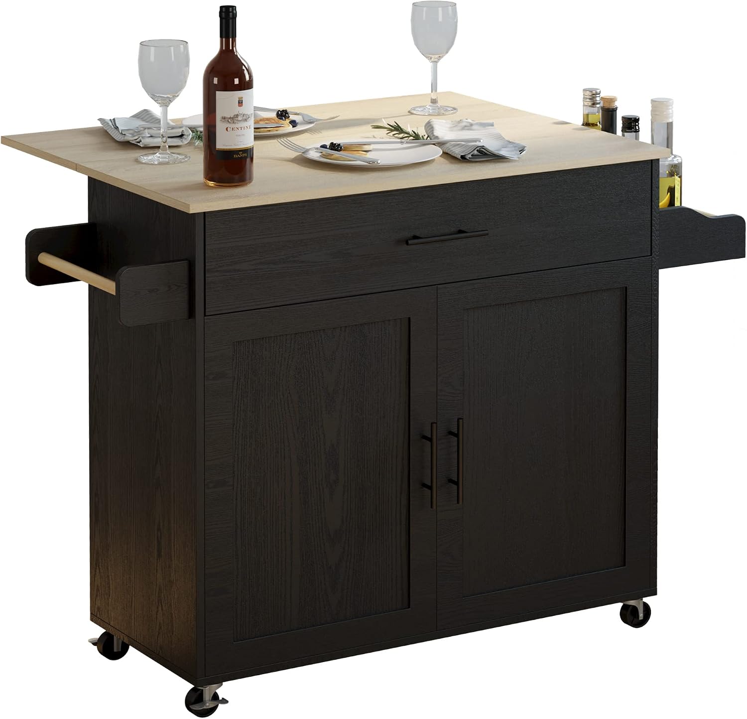 IRONCK Rolling Kitchen Island Table on Wheels with Drop Leaf, Storage Cabinet, Drawer, Spice/Towel Rack, Kitchen Cart, 47.25' Wide Black