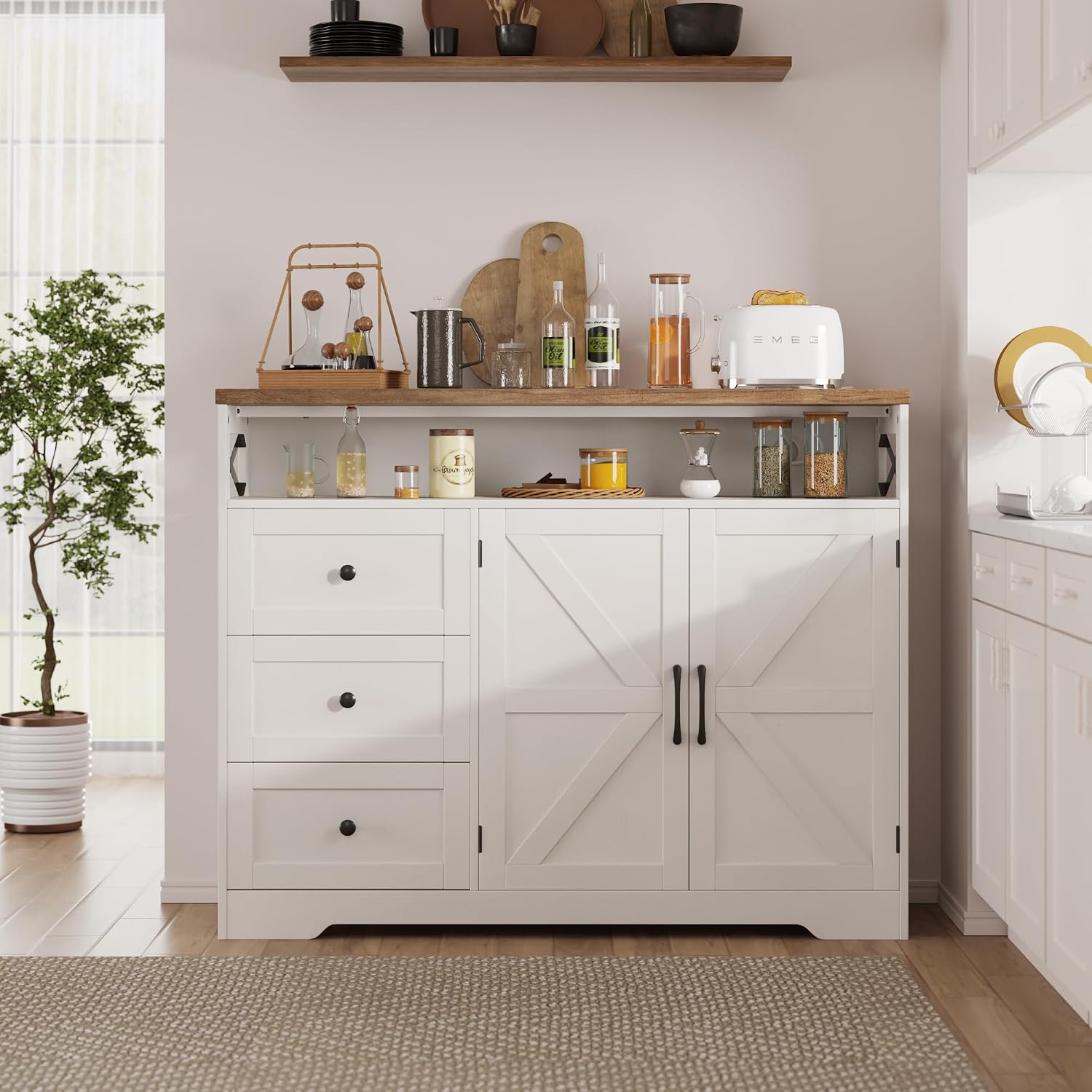 47' Antique White Storage Cabinet with Doors and Drawers, Farmhouse Sideboard Buffet Cabinet with Storage, Kitchen Pantry Hutch, Coffee Bar Station Table for Kitchen, Livingroom, Dining Room