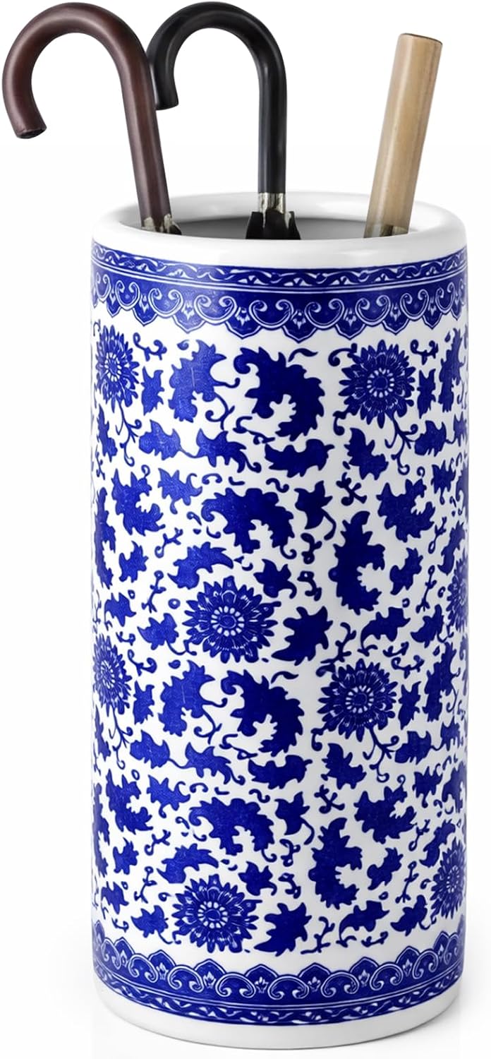 Sawysine Blue and White Ceramic Umbrella Stand, Floral Design Floor Vase for Entryway Indoor Decorative, 19.7' Heavy Porcelain Holder for Umbrellas Canes Home Decor(19.7 Inch,Lotus in Vine)