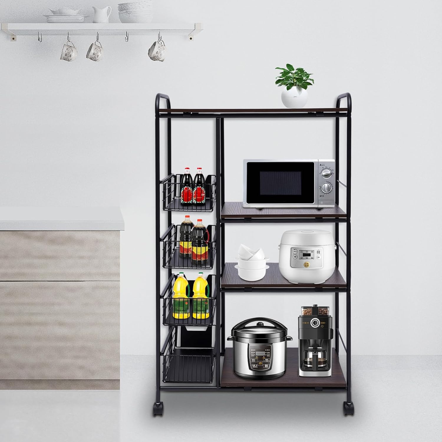 Kitchen Storage Carts,Kitchen Stand Microwave Cart for Home,Kitchen Shelving Unit Rolling Utility Microwave Oven Rack on Wheels,Mobile Cart with 4 Tier Storage Bakers Rack,with 4 Sliding Drawers