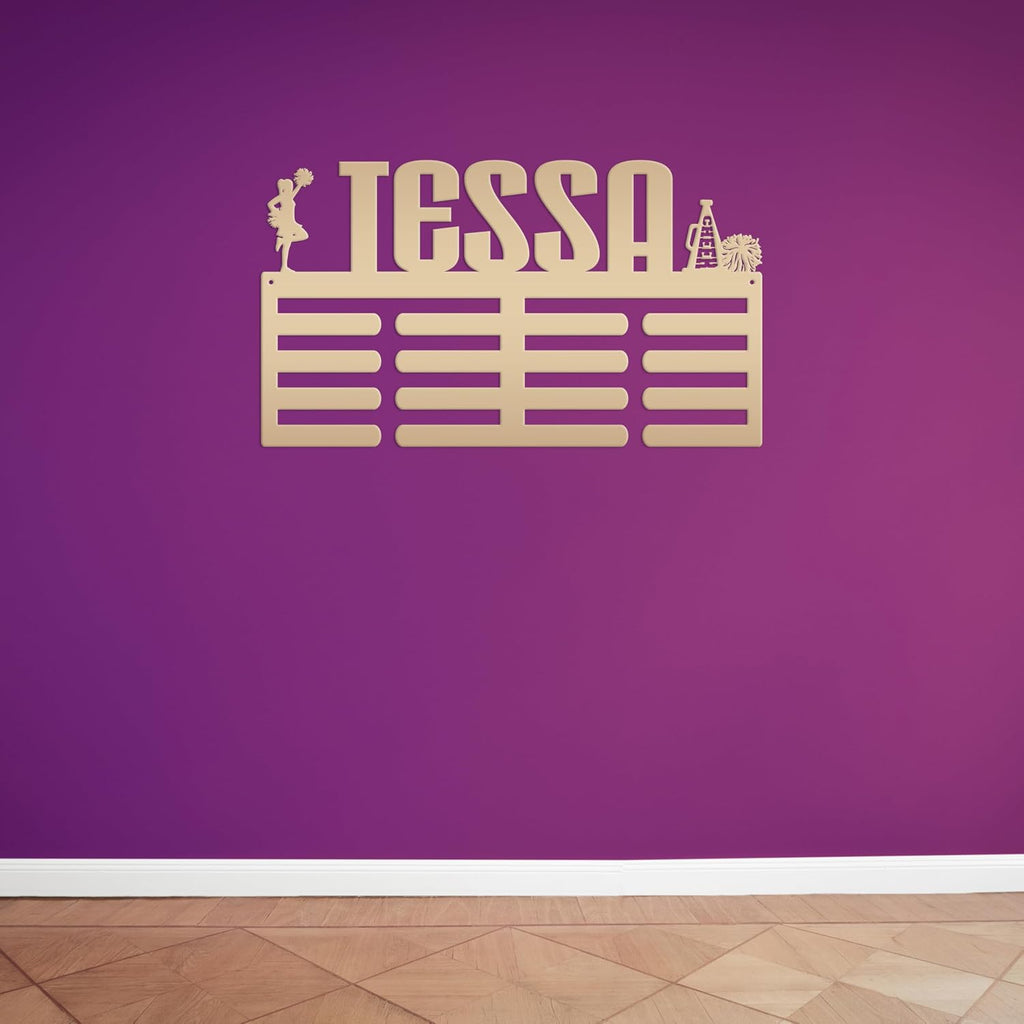Medal Holder, Custom Cheerleading Name Sign, Personalized Award Wall Rack, Customized Gift for the Cheerleader, Metal Bedroom Wall Decor (30 x 17 inches)
