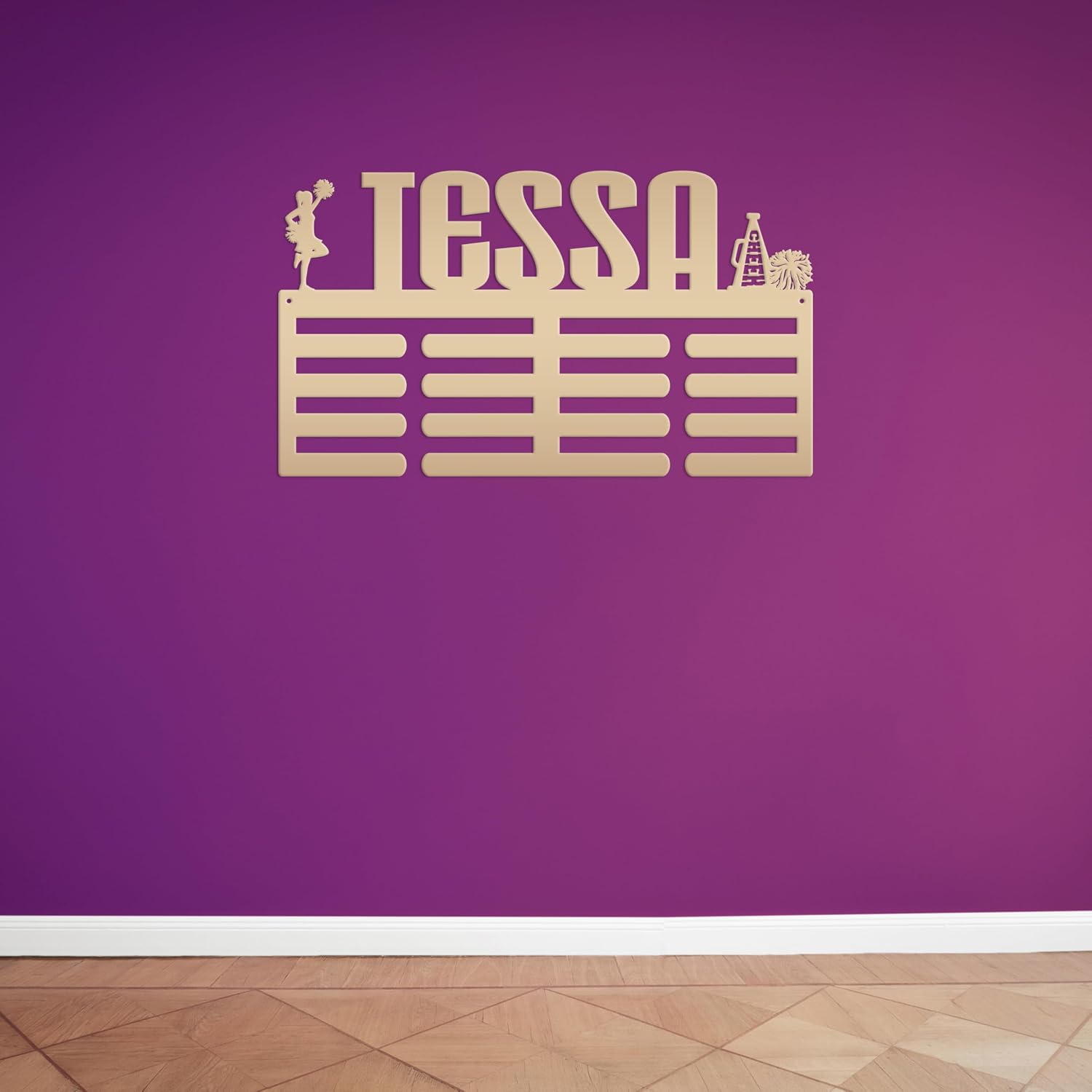Medal Holder, Custom Cheerleading Name Sign, Personalized Award Wall Rack, Customized Gift for the Cheerleader, Metal Bedroom Wall Decor (30 x 17 inches)