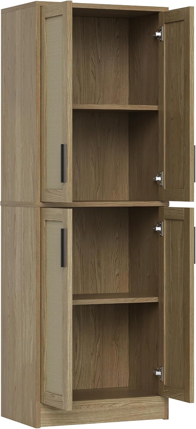 Pantry Cabinet - Tall Kitchen Pantry Storage Cabinet with 4 Rattan Doors and Adjustable Shelves, Wood Cupboard for Kitchen, Dining Room, Bathroom, Hallway, Laundry Room, Living Room