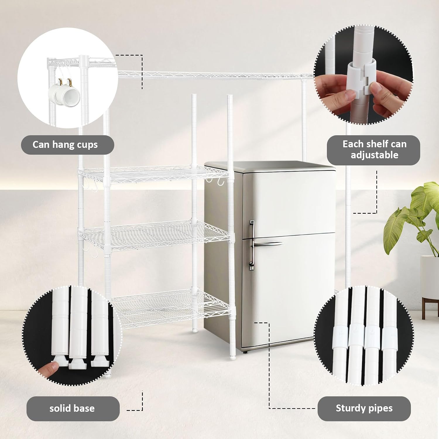 Huwena Mini Fridge Stand with Storage Shelf for Dorm 4 Tier Mini Microwave Stand Baker Rack Adjustable Height over Fridge Storage Organizer with Hook for College Dorm Kitchen Office Coffee Bar (White)