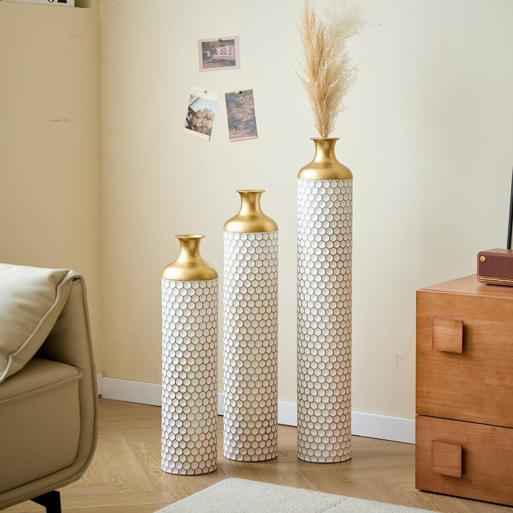 Elegant 3-Piece Set Floor Metal Vase - Modern White & Gold Droplet Shaped Design for Stunning Home Décor - Large Glazed Metal Vases Perfect for Any Space