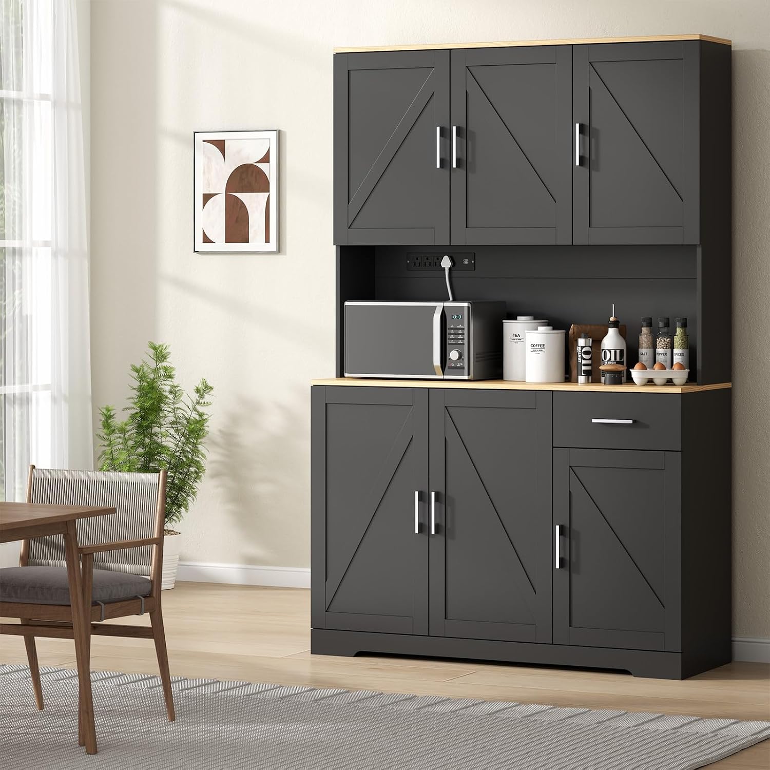 Gyfimoie 71'' Farmhouse Kitchen Pantry Cabinet, Tall Storage Cabinet with Power Outlet, Freestanding Hutch with Drawer, 4 Adjustable Shelf & 6 Doors for Kitchen Living Room (Black)