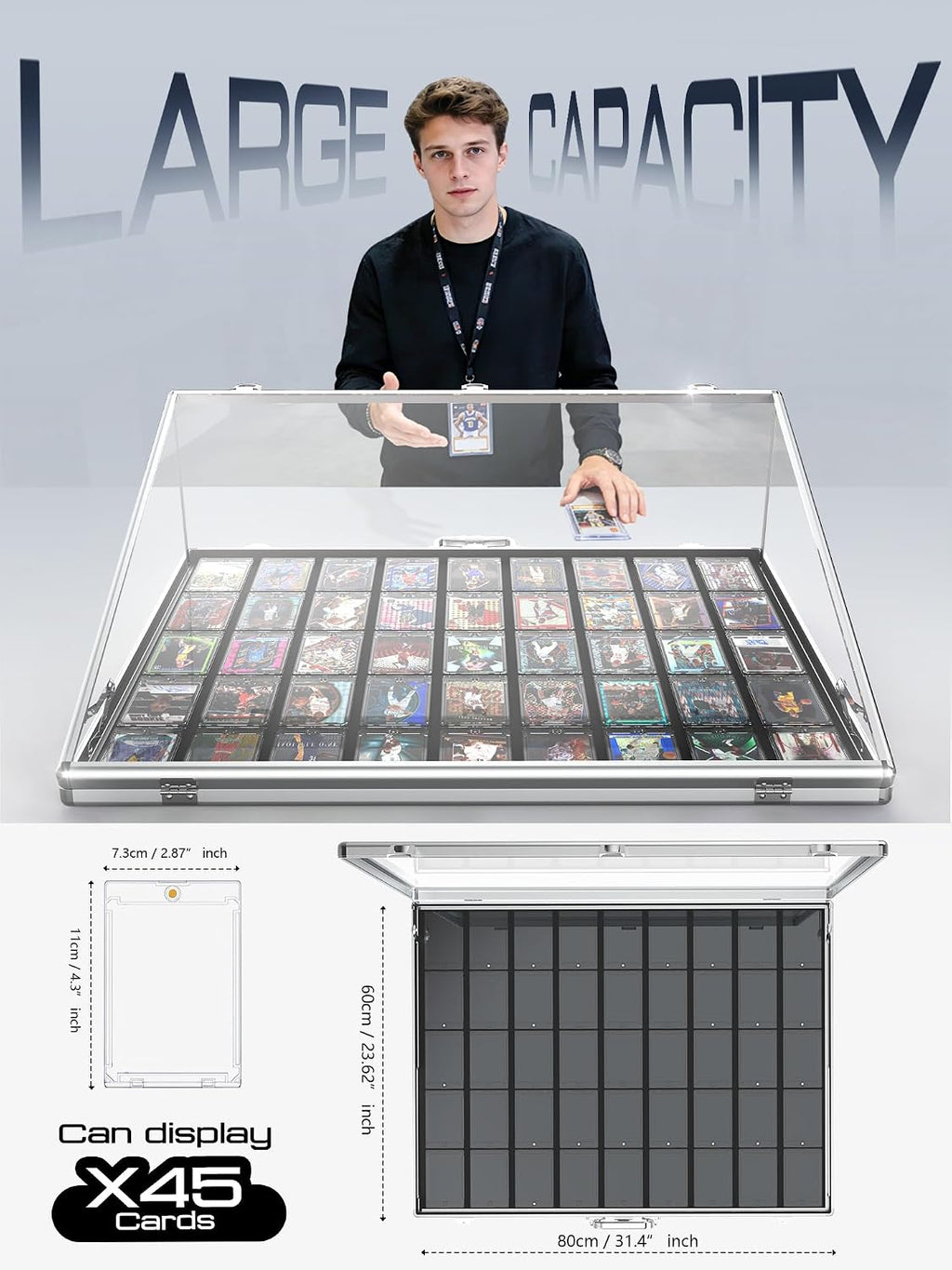 Ultra-Thin 31.4 x 23.6inch Portable Aluminum Card Display Case with Felt Tote Bag, High-Transparency Acrylic, 3 Anti Theft Locks, Sports Trading Card Show Case for Collectible Cards Jewelry Jersey