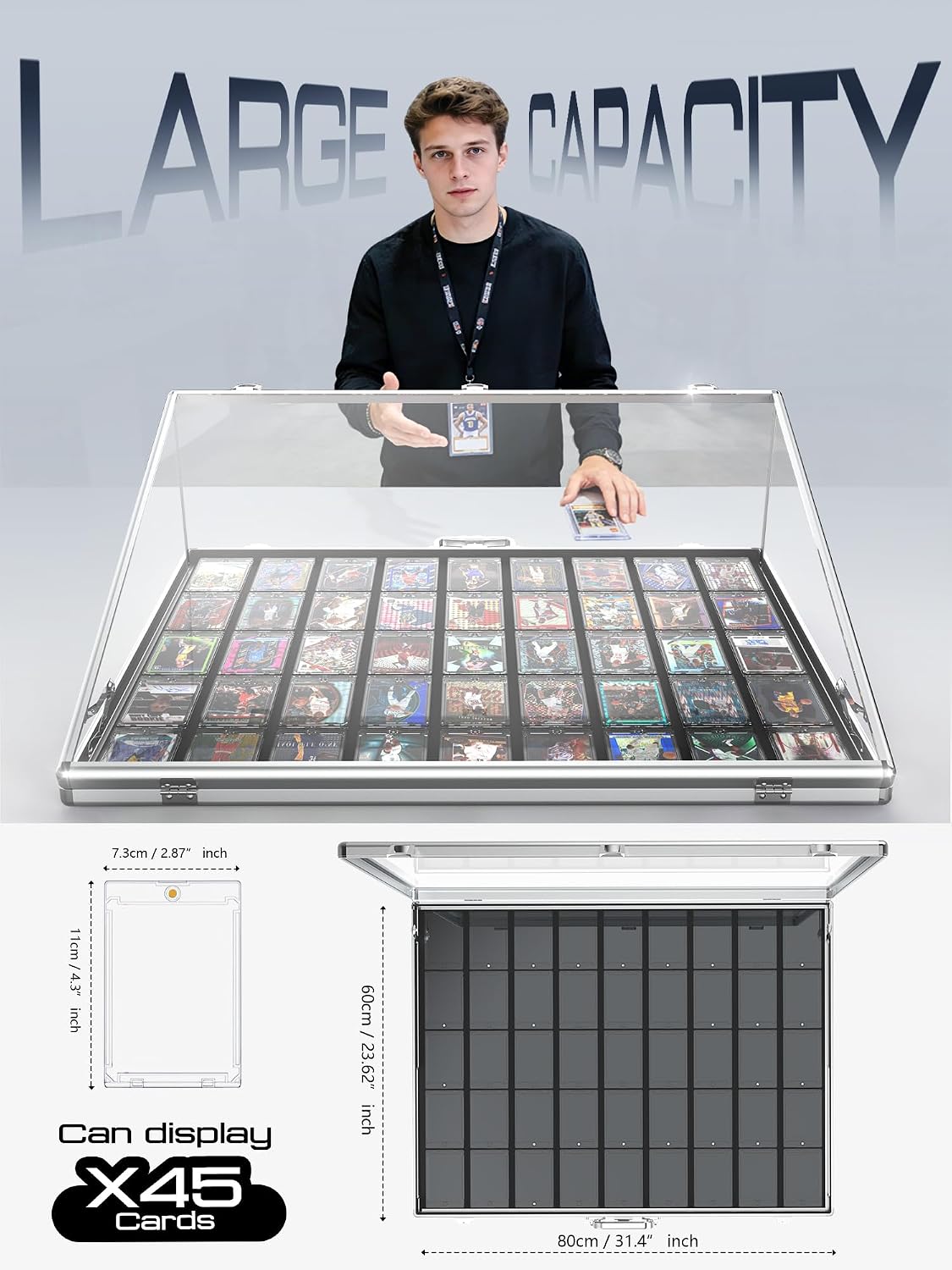 Ultra-Thin 31.4 x 23.6inch Portable Aluminum Card Display Case with Felt Tote Bag, High-Transparency Acrylic, 3 Anti Theft Locks, Sports Trading Card Show Case for Collectible Cards Jewelry Jersey