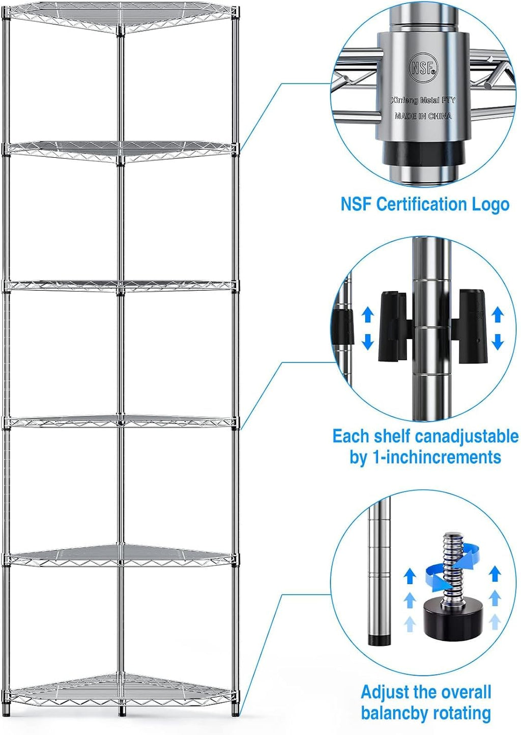 6 Tier NSF Storage Rack, 600lbs Capacity Metal Pentagonal Corner Wire Shelving Units with Adjustable Feet for Balcony, Kitchen, Bathroom, 72' H x 20' L x 20' W Chrome