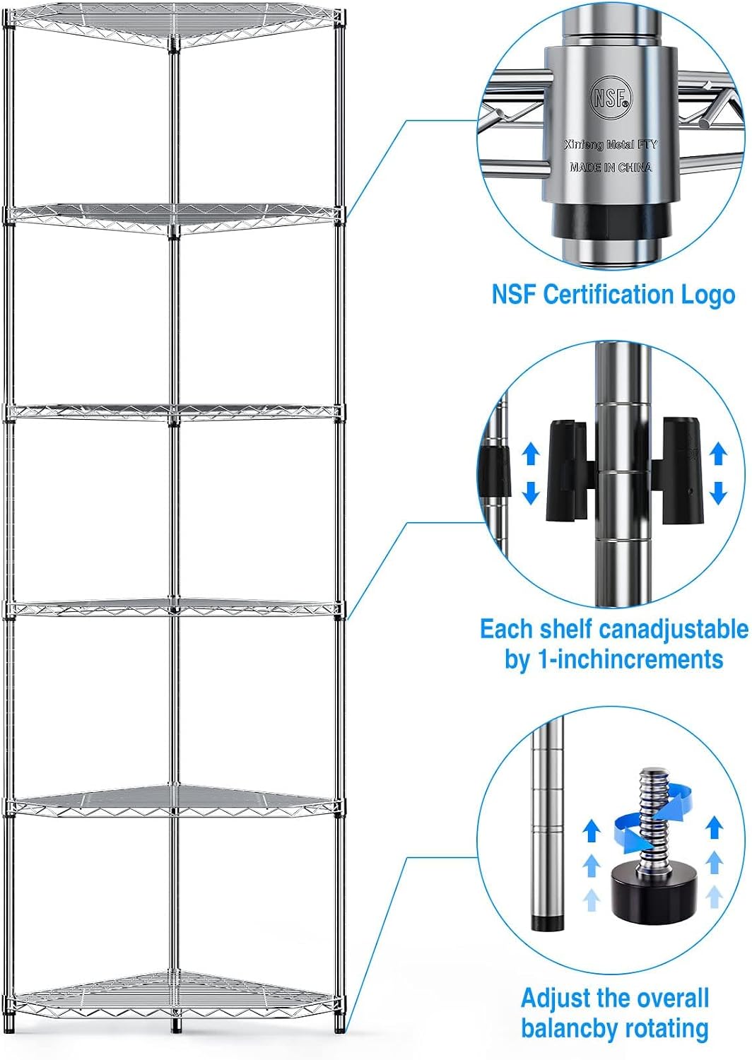 6 Tier NSF Storage Rack, 600lbs Capacity Metal Pentagonal Corner Wire Shelving Units with Adjustable Feet for Balcony, Kitchen, Bathroom, 72' H x 20' L x 20' W Chrome