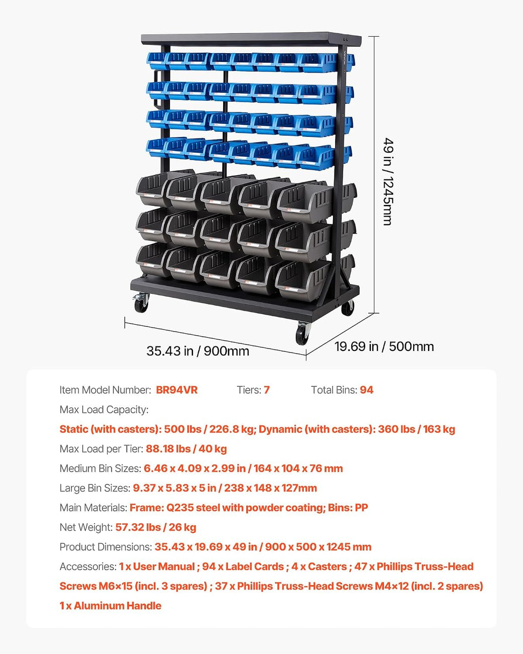 VEVOR 7-Tier Double-Sided Rolling Bin Storage Rack, 94 Plastic Bins, Dual-Sided Parts Organizer with Wheels, Mobile Tool Organizer for Garage, Warehouse, Office, Restaurant, Classroom, Kitchen