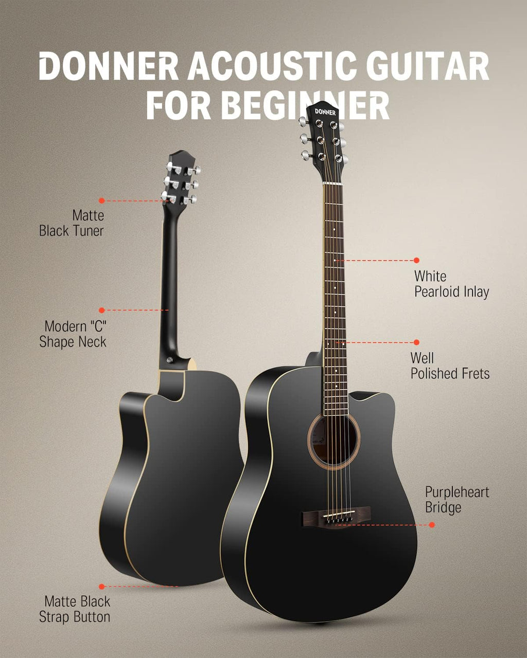 Donner Black Acoustic Guitar Kit-Guitar Neck Rest Cradle