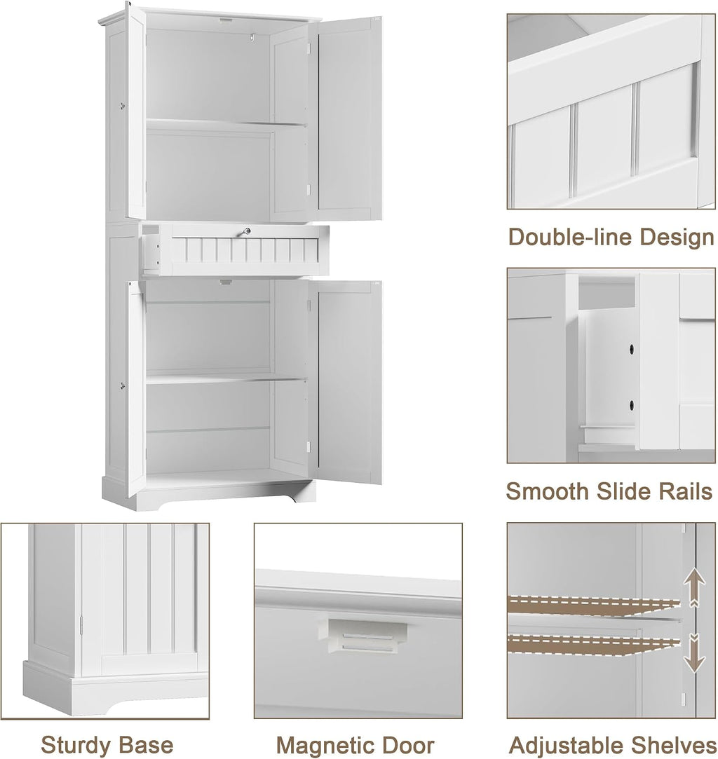 ChooChoo 72' H Tall Bathroom Floor Cabinet, Modern Bathroom Storage Cabinet with Drawer and Adjustable Shelves, Freestanding Kitchen Pantry Cupboard with 4 Doors for Living Room, White