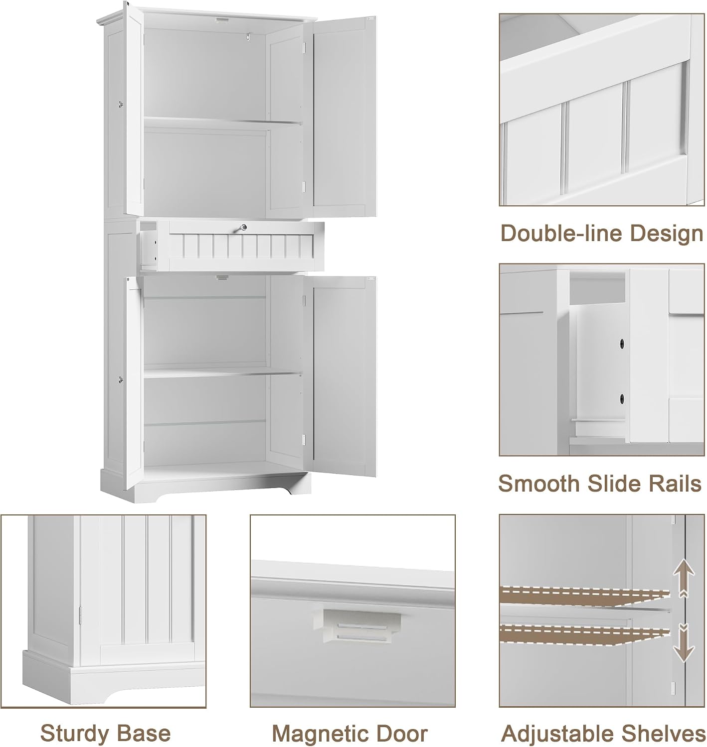 ChooChoo 72' H Tall Bathroom Floor Cabinet, Modern Bathroom Storage Cabinet with Drawer and Adjustable Shelves, Freestanding Kitchen Pantry Cupboard with 4 Doors for Living Room, White