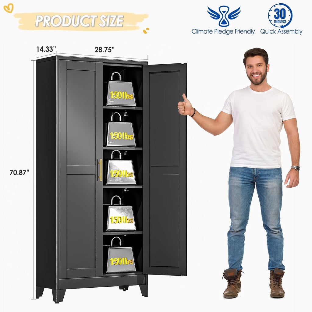 GAIOUS 71' Tall Metal Storage Cabinet with 2 Doors and 4 Adjustable Shelves, Kitchen Pantry Cabinet Black Freestanding Cupboard, 5 Tier Multifunctional Steel Storage for Office, Kitchen, Dining Room