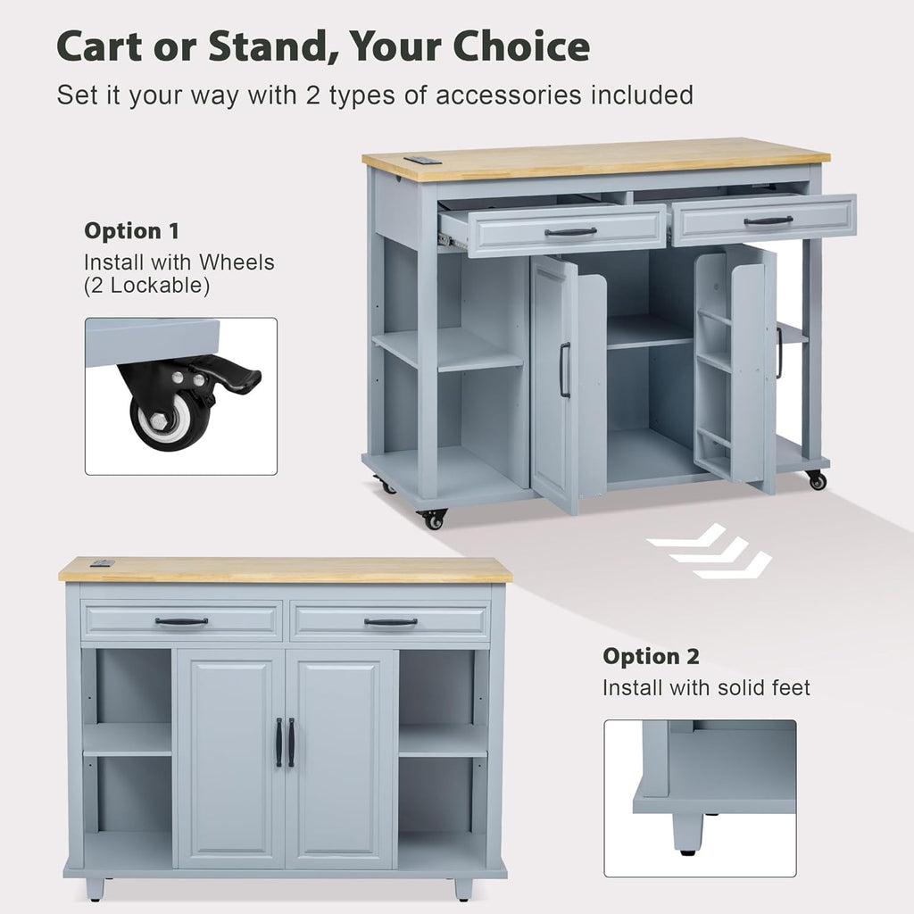 47' Kitchen Island with Extendable Dining Table, Rubber Wood Veneer Kitchen Table with Internal Storage Rack, Power Outlet, 2 Drawers, 2 Cabinet for Kitchen, Dining Room, Grey Blue