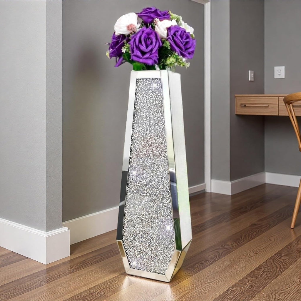 30' Large Double Sided Crushed Diamond Floor Vases,Tall Silver Mirrored Crystal Vase for Floor, Floor Vases Decorative Tall for Home,Office,Hotel (Silver,10.6' L x 5.3' W x 30' H)