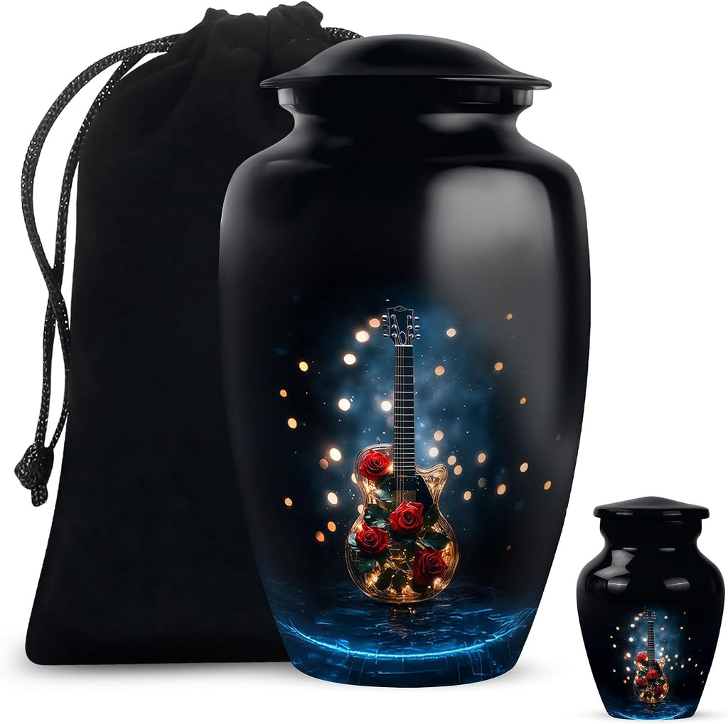 Guitar Urn - Unique Urns - Decorative Memorial - Small Cremation Urns for Human Ashes - Mom & Dad Urn - Hand Engraved - Combo of 10 Inch & 3 Inch