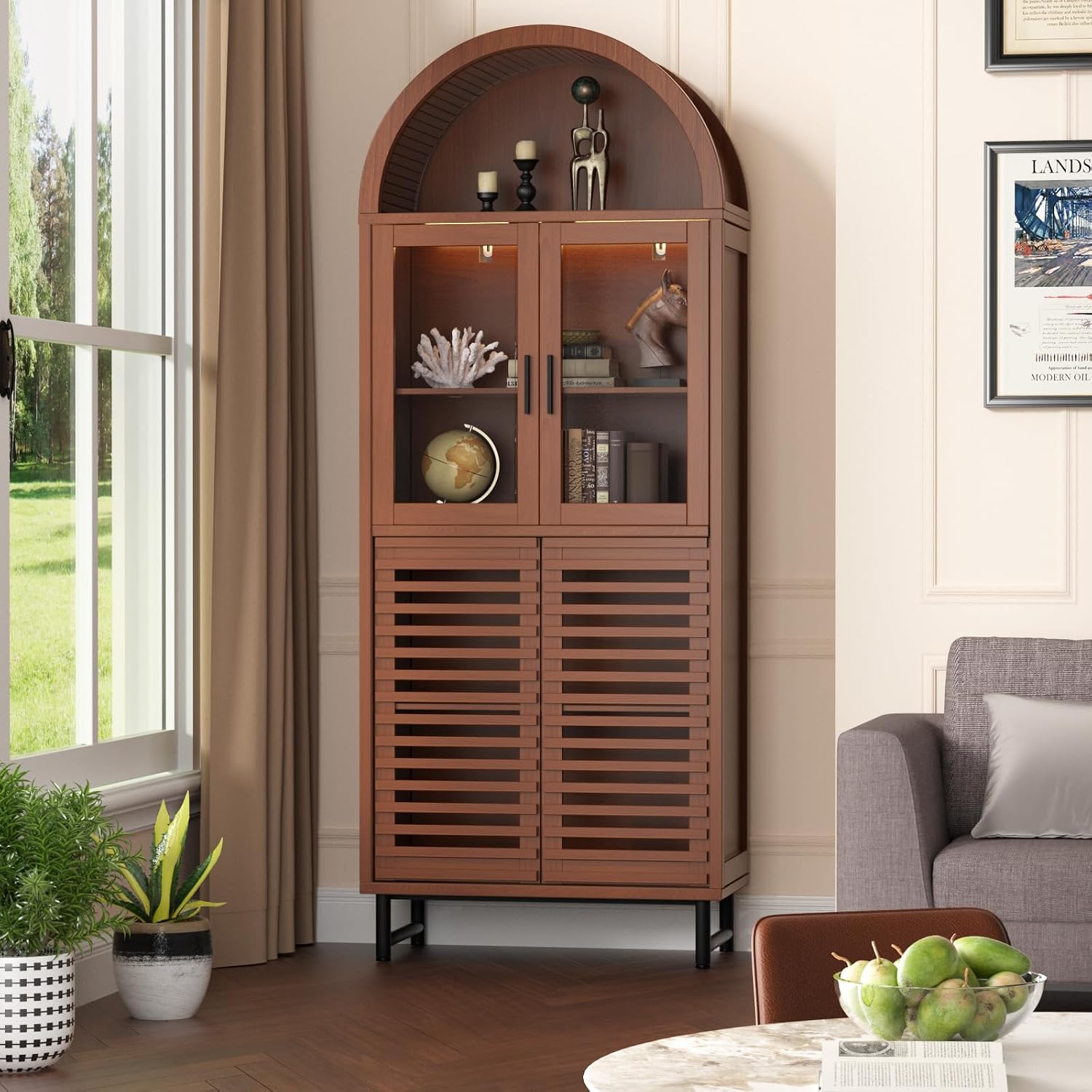 FiveWillowise Kitchen Pantry Cabinet with Glass Doors - Arched Design, Metal U Legs, Artistic Slatted Door, Adjustable Shelves, 78.4' Curved Storage Cabinet for Kitchen, Dining Room