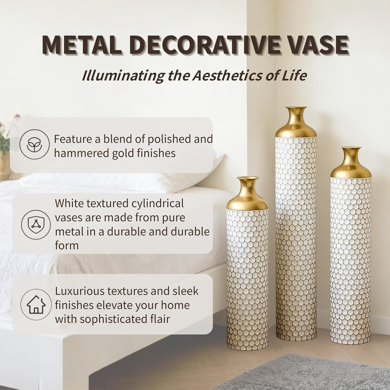 Modern White Droplet Floor Vase Set of 3 - Large Glazed Metal Floor Vases for Home Decor, Living Room & Entryway Decorations (White - 33.4'/ 28.7'/ 24.4' Height)