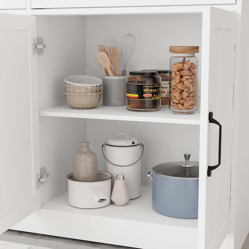 48' Farmhouse Freestanding Storage Cabinet, Kitchen Storage Bakers Rack with Drawers, Utility Food Cupboard for Home, White