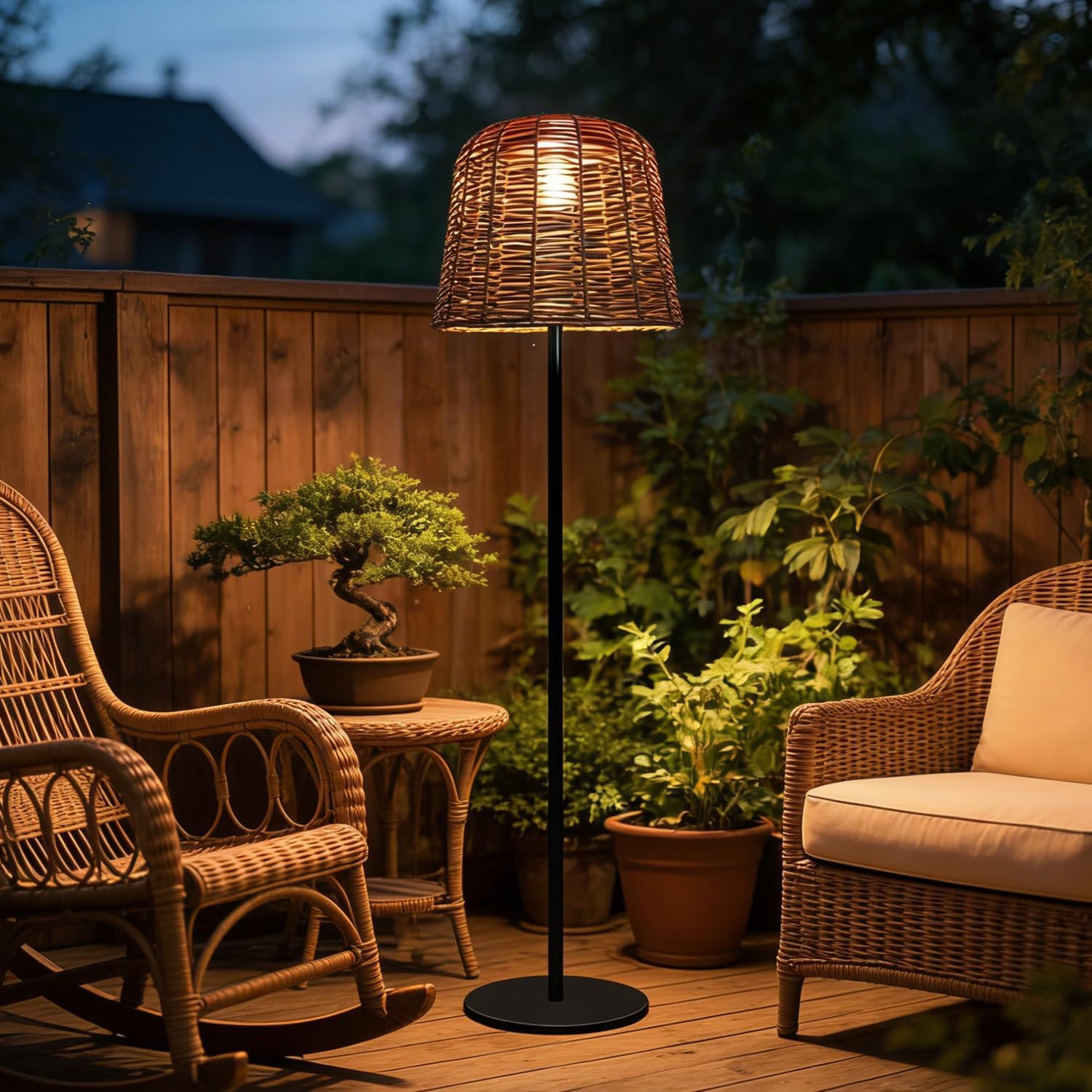 MIXL-Coffee Brown Outdoor Floor Lamp,Waterproof Wicker Shade Standing Lamp,Modern Farmhouse Dusk to Dawn Solar Light, 3000K Led Solar Outdoor Light for Patio Garden and Gazebo