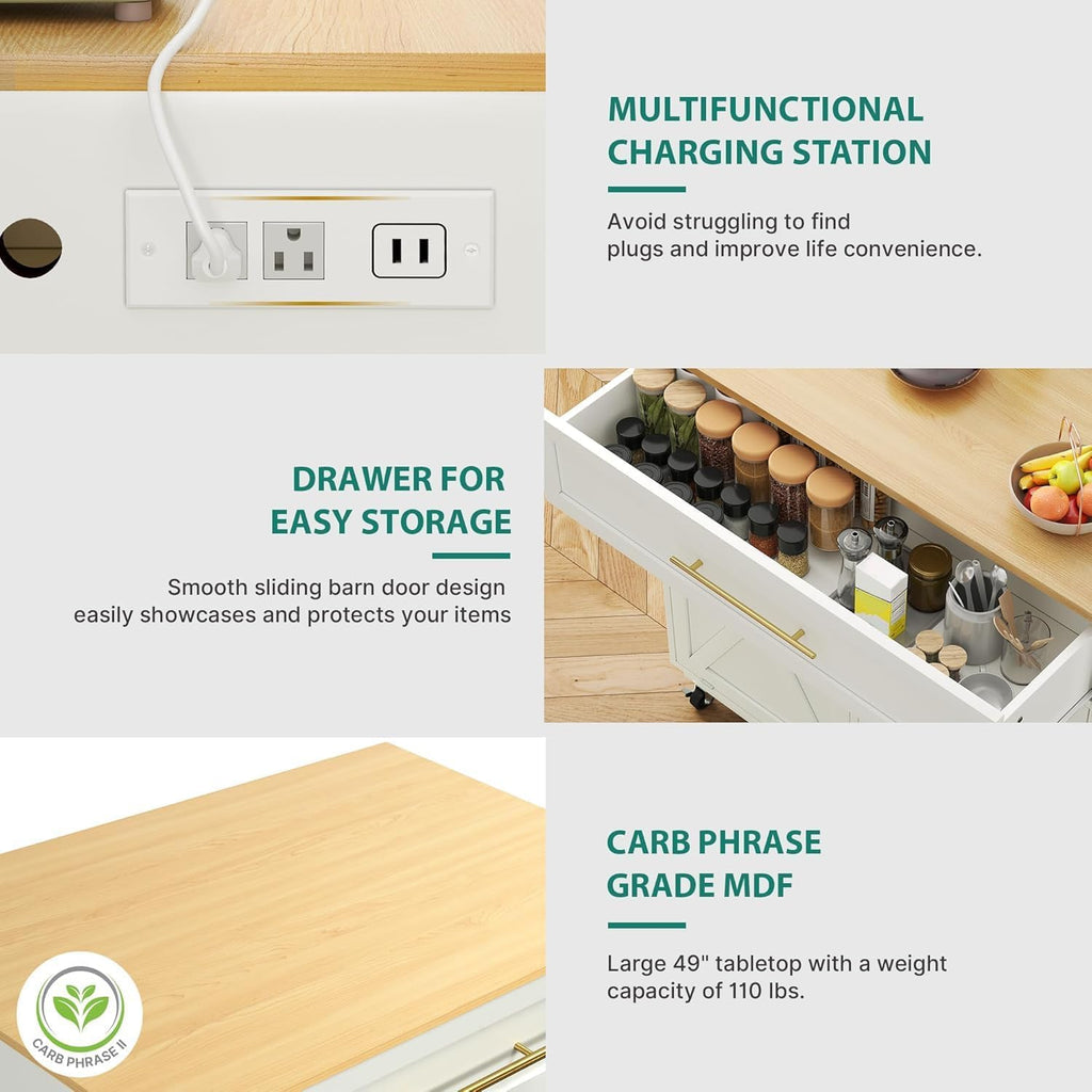 YITAHOME Mobile Storage Islands, Double Tilt Out Trash Cabinet with Power Outlet, Hidden Trash Cabinet Fit 20-Gallon Bin