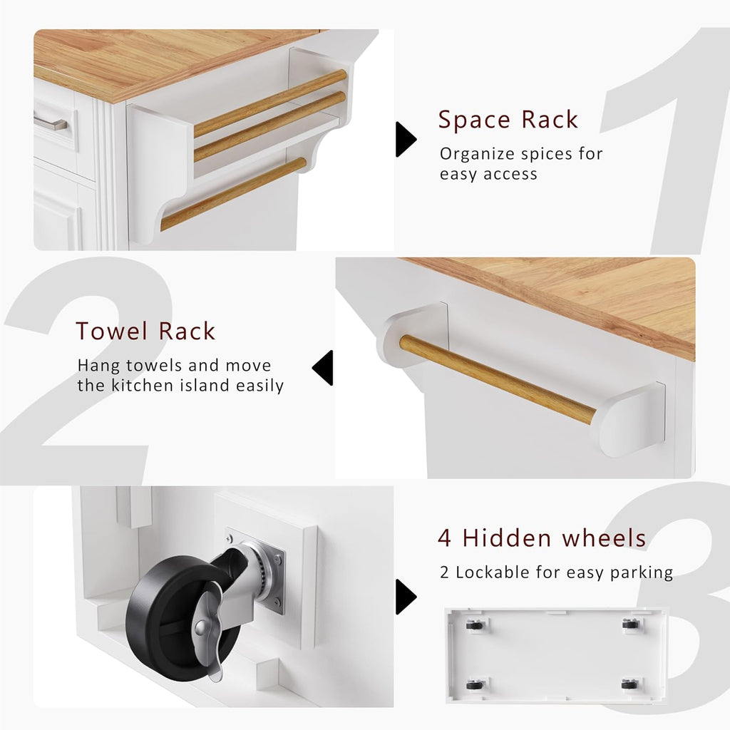 54' Rolling Storage Kitchen Island Cart on 4 Wheels with Drop Leaf, Embossed Texture, 4 Doors and 3 Drawers for Kitchen, Dining Room, White, Rubber Wood Top