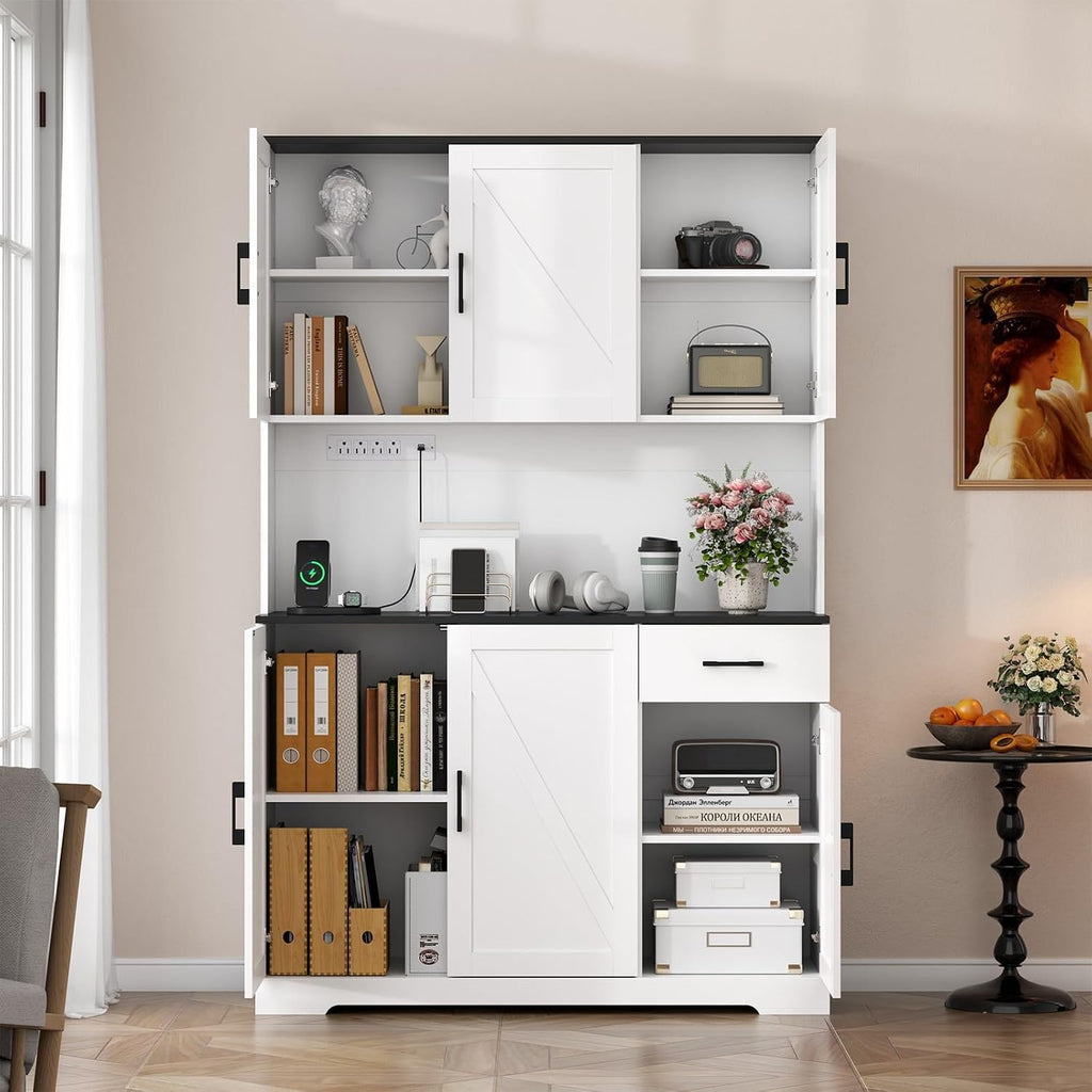 Gyfimoie 71'' Farmhouse Kitchen Pantry Cabinet, Tall Storage Cabinet with Power Outlet, Freestanding Hutch with Drawer, 4 Adjustable Shelf & 6 Doors for Kitchen Living Room (White)