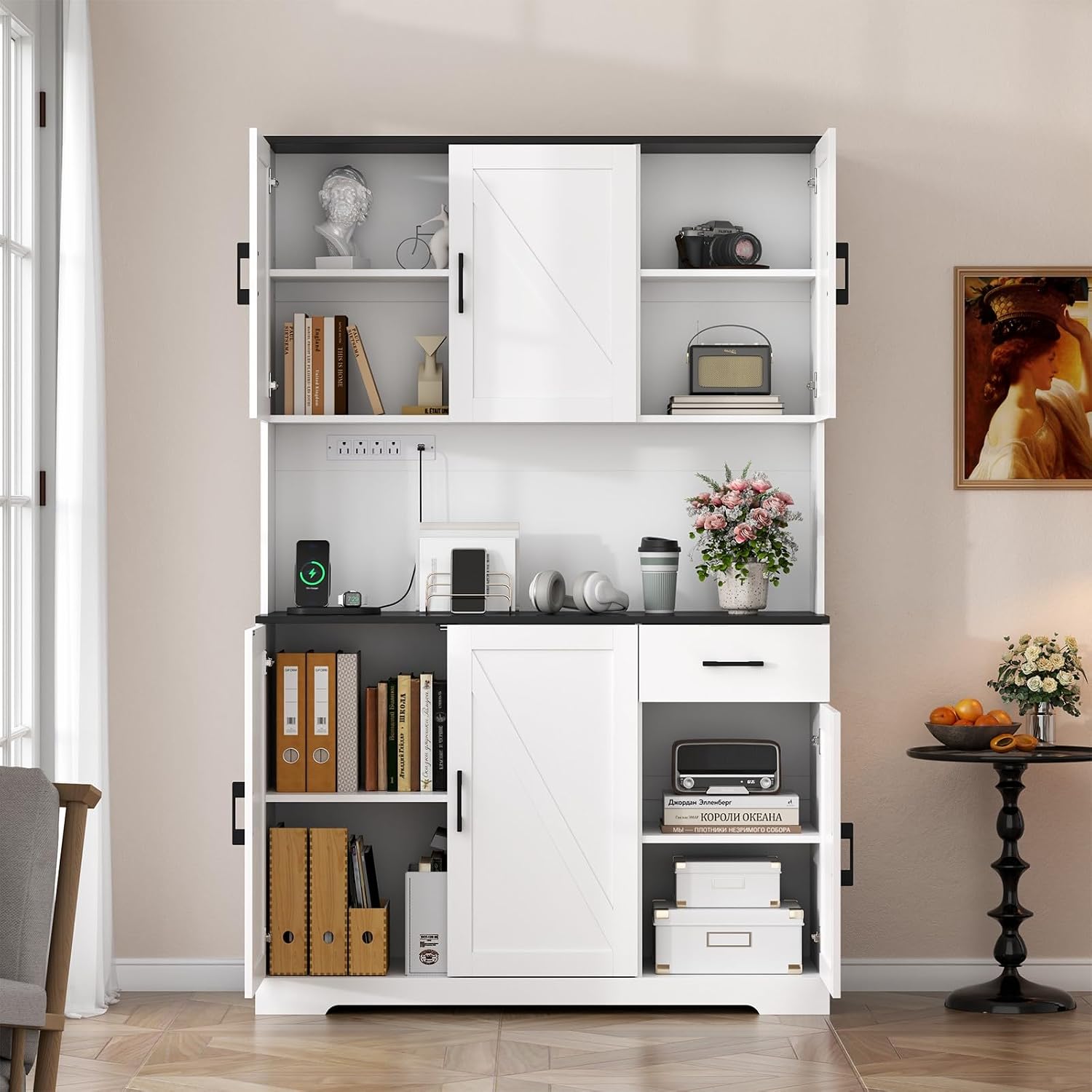 Gyfimoie 71'' Farmhouse Kitchen Pantry Cabinet, Tall Storage Cabinet with Power Outlet, Freestanding Hutch with Drawer, 4 Adjustable Shelf & 6 Doors for Kitchen Living Room (White)