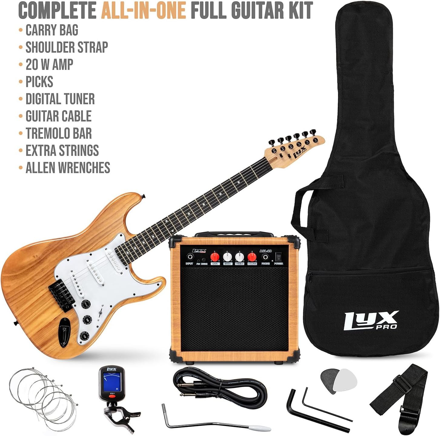 LyxPro Electric Guitar 39' inch Full Beginner Starter kit Full Size with 20w Amp, Package Includes All Accessories, Digital Tuner, Strings, Picks, Tremolo Bar, Shoulder Strap, and Case Bag - Natural