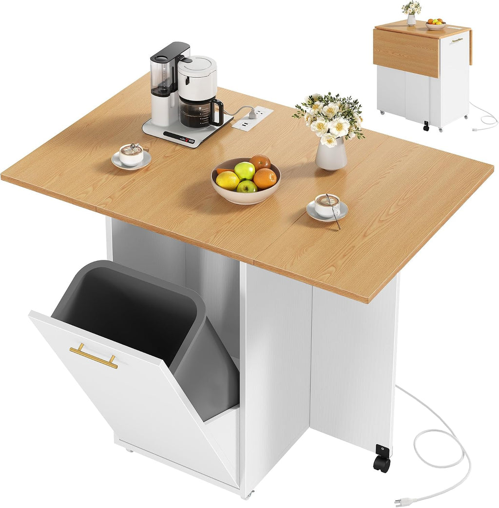 YITAHOME Kitchen Island with Drop Leaf, Folding Extendable Dining Table with Power Outlet, Space Saving Mobile Storage Islands with Trash Can Cabinet Fit 10-Gal Garbage Bin, Yellow Oak