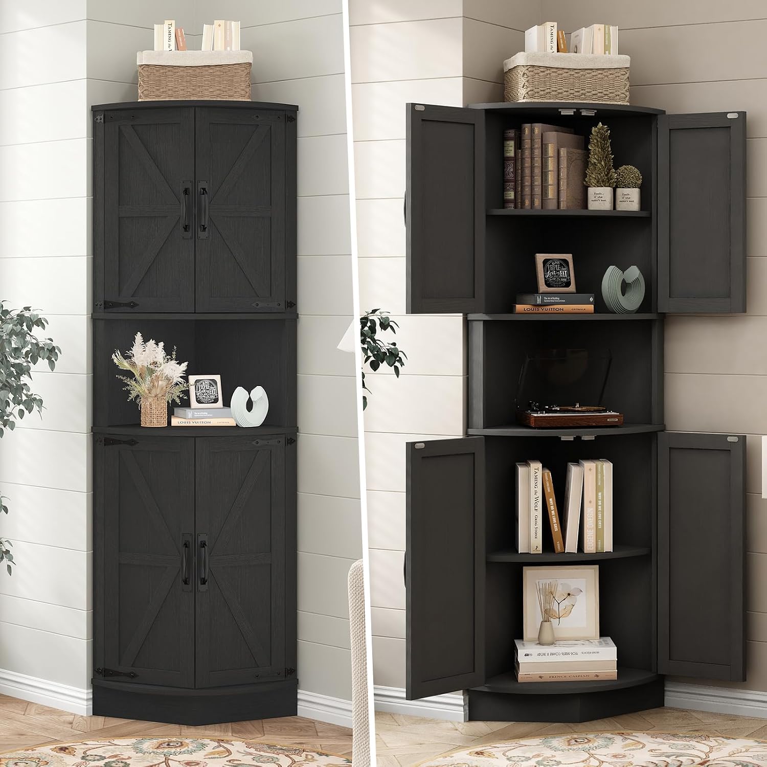Vabches 64.8' Tall Farmhouse Corner Cabinet with 4 Doors and 5 Storage Shelves, Farmhouse Storage Cabinet with Barn Door Design, Home Space Saver for Living Room, Kitchen, Laundry Room,Black