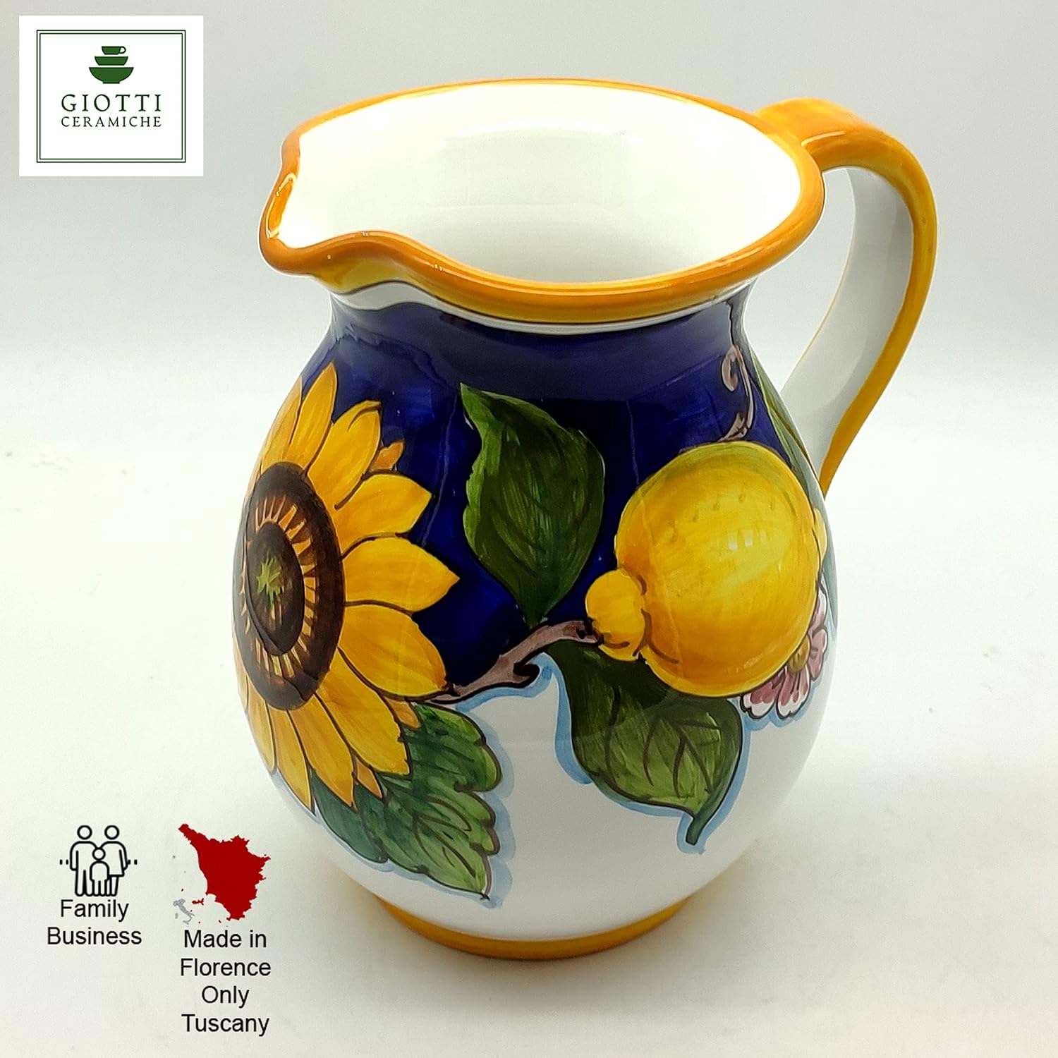 Italian Hand Painted Ceramic Pitcher 33 oz – Lemon & Sunflower Tuscan Design – Water Carafe, Utensil Holder or Vase – Colorful Italian Pottery – Made in Italy