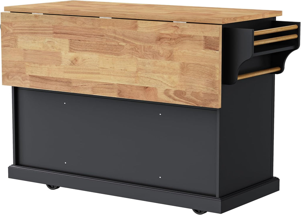54' Rolling Storage Kitchen Island Cart on 4 Wheels with Drop Leaf, Embossed Texture, 4 Doors and 3 Drawers for Kitchen, Dining Room, Black, Rubber Wood Top