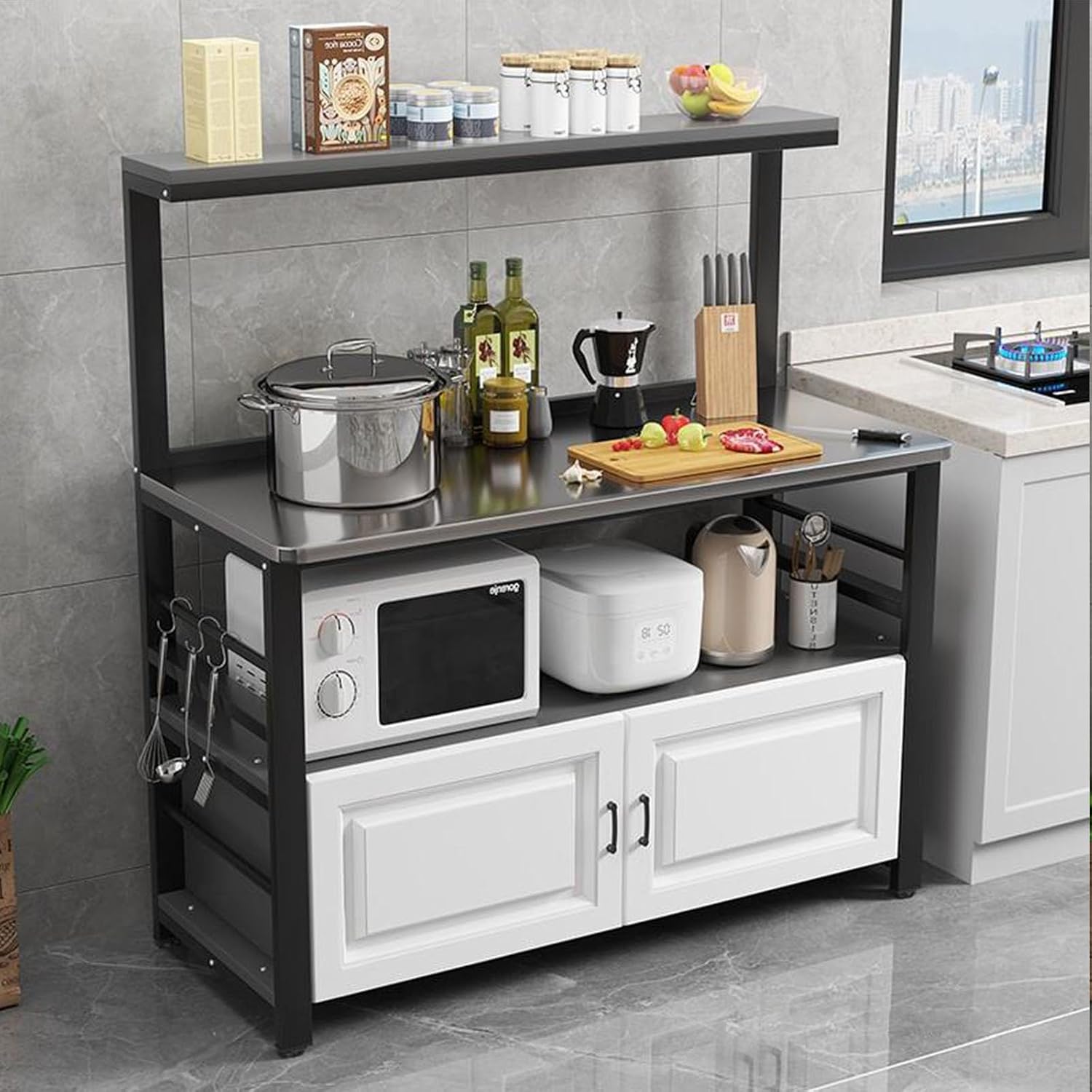 4-Tier Kitchen Storage Rack,Bakers Rack with Sliding Drawer and S-Shaped Hooks,Kitchen Storage Shelves with Adjustable Foot Pad,Standing Metal Shelf Rack for Storage Pantry