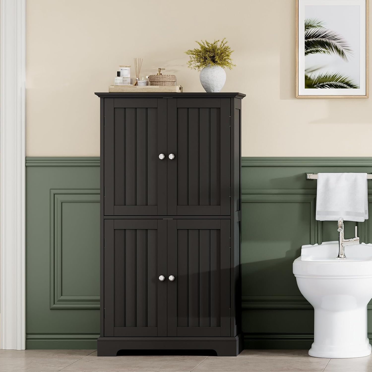 ChooChoo Bathroom Floor Cabinet, Modern Bathroom Storage Cabinet with 4 Doors and Adjustable Shelves, Freestanding Cupboard for Living Room, Kitchen Pantry, Black