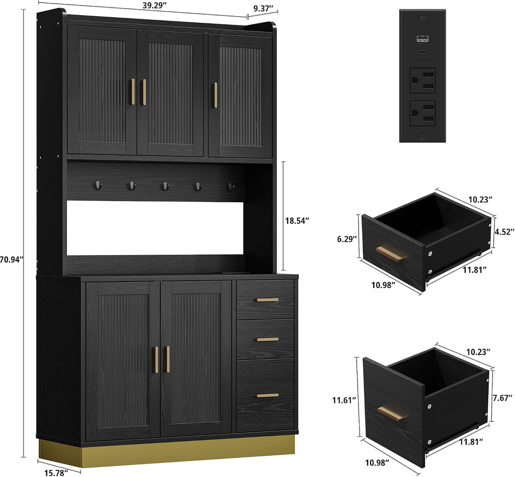 ANCTOR 71' Modern Kitchen Pantry Cabinet with Countertop & Outlet - Tall Storage Cabinet with Adjustable Shelves, Soft-Close Doors, USB/AC Outlet for Kitchen Hutch, Dining Room, Living Room