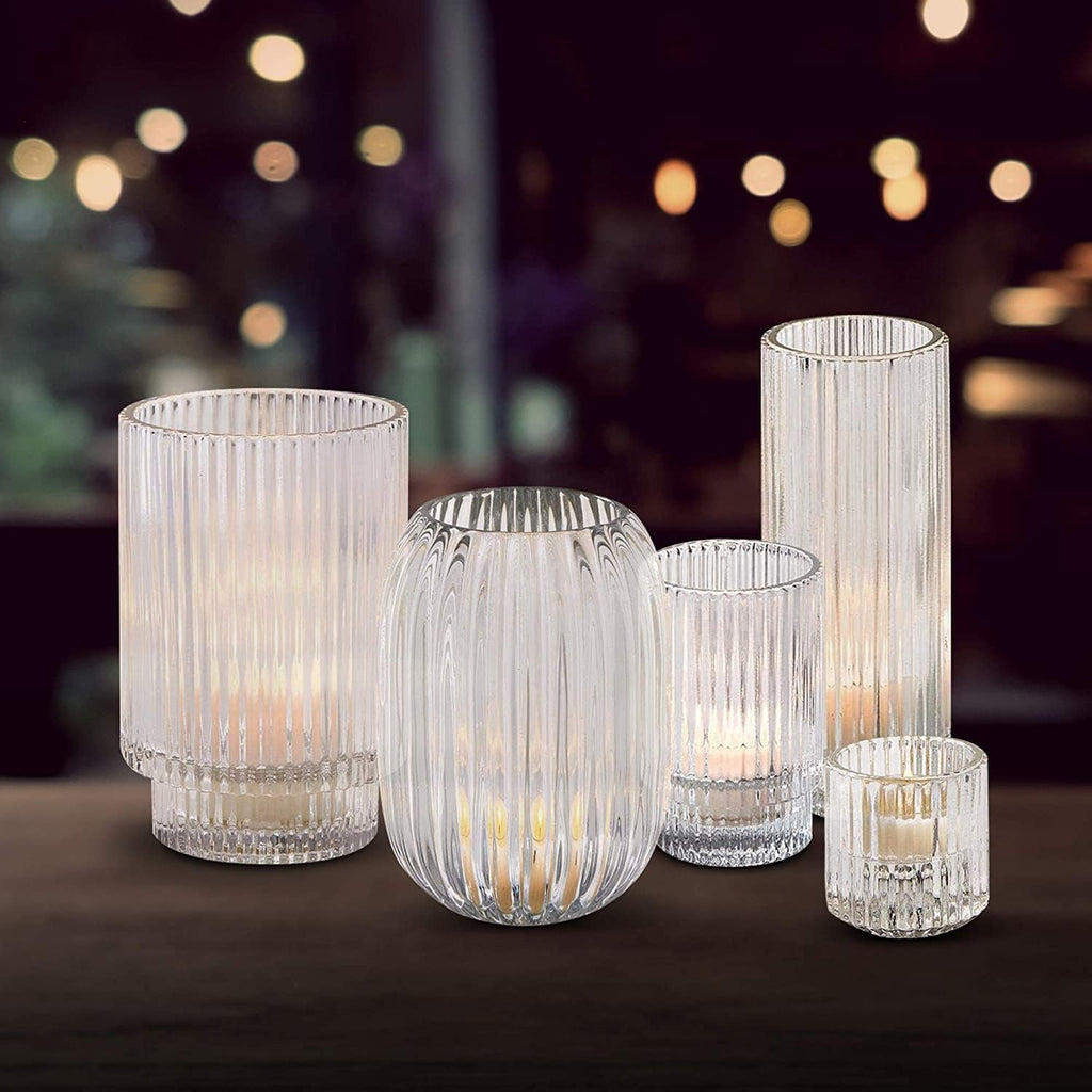 Serene Spaces Living Clear Ribbed Glass Votive Holder, Decorative Centerpiece for Wedding, Christmas, Thanksgiving, Dining Table, Living Room, Home Décor, 3.5' Diameter & 5' Tall, Pack of 24