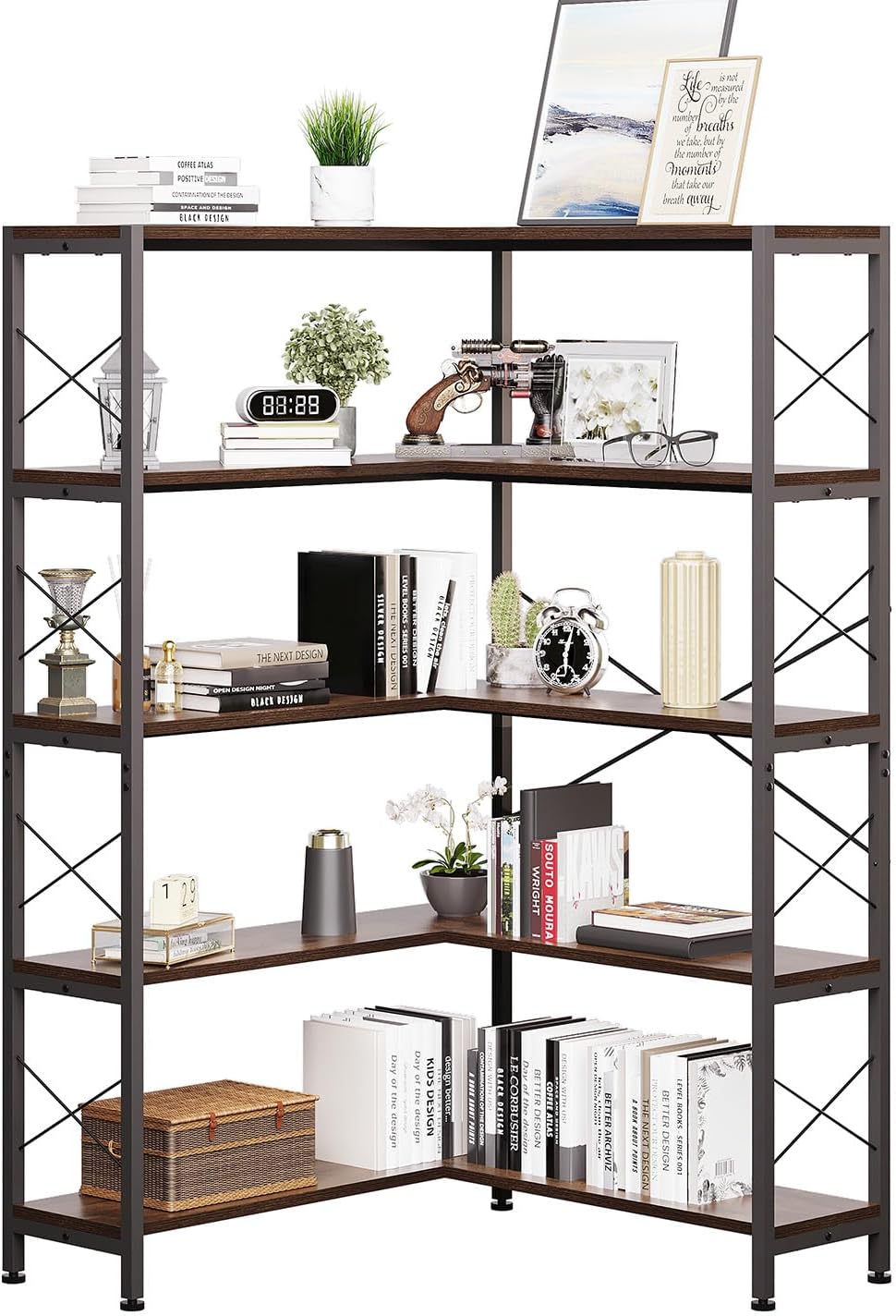 Corner Bookshelves and Bookcases Industrial Corner Etagere Bookcase L Shaped Shelf 5-Tiers with Metal Frame for Living Room Home Office
