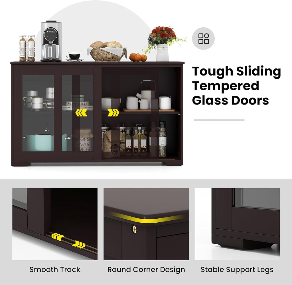 COSTWAY Buffet Sideboard with Storage, 2-Door Floor Cupboard with Sliding Tempered Glass Cabinet & Adjustable Shelf, Stackable Storage Cabinet for Kitchen, Entryway, Brown (2)