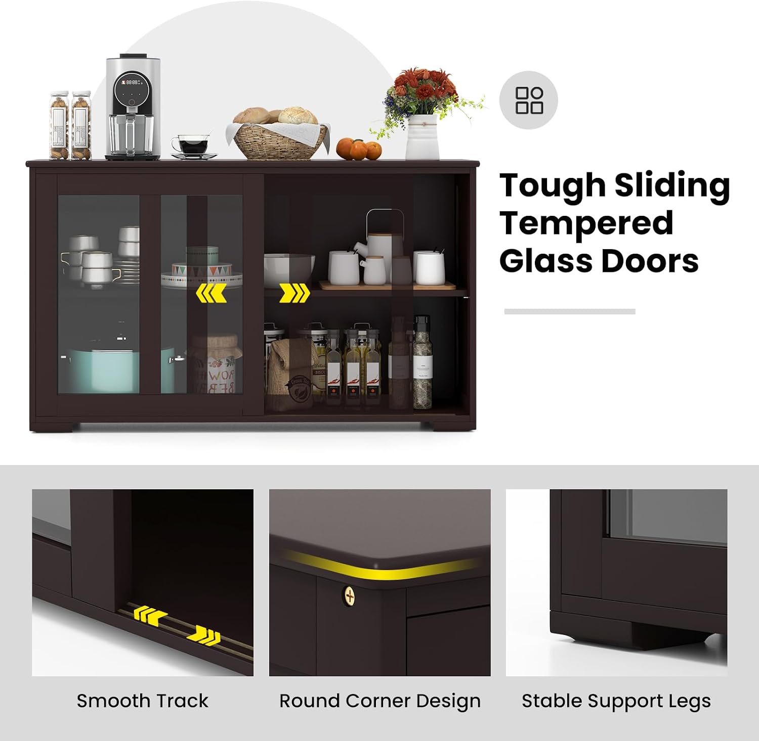 COSTWAY Buffet Sideboard with Storage, 2-Door Floor Cupboard with Sliding Tempered Glass Cabinet & Adjustable Shelf, Stackable Storage Cabinet for Kitchen, Entryway, Brown (2)