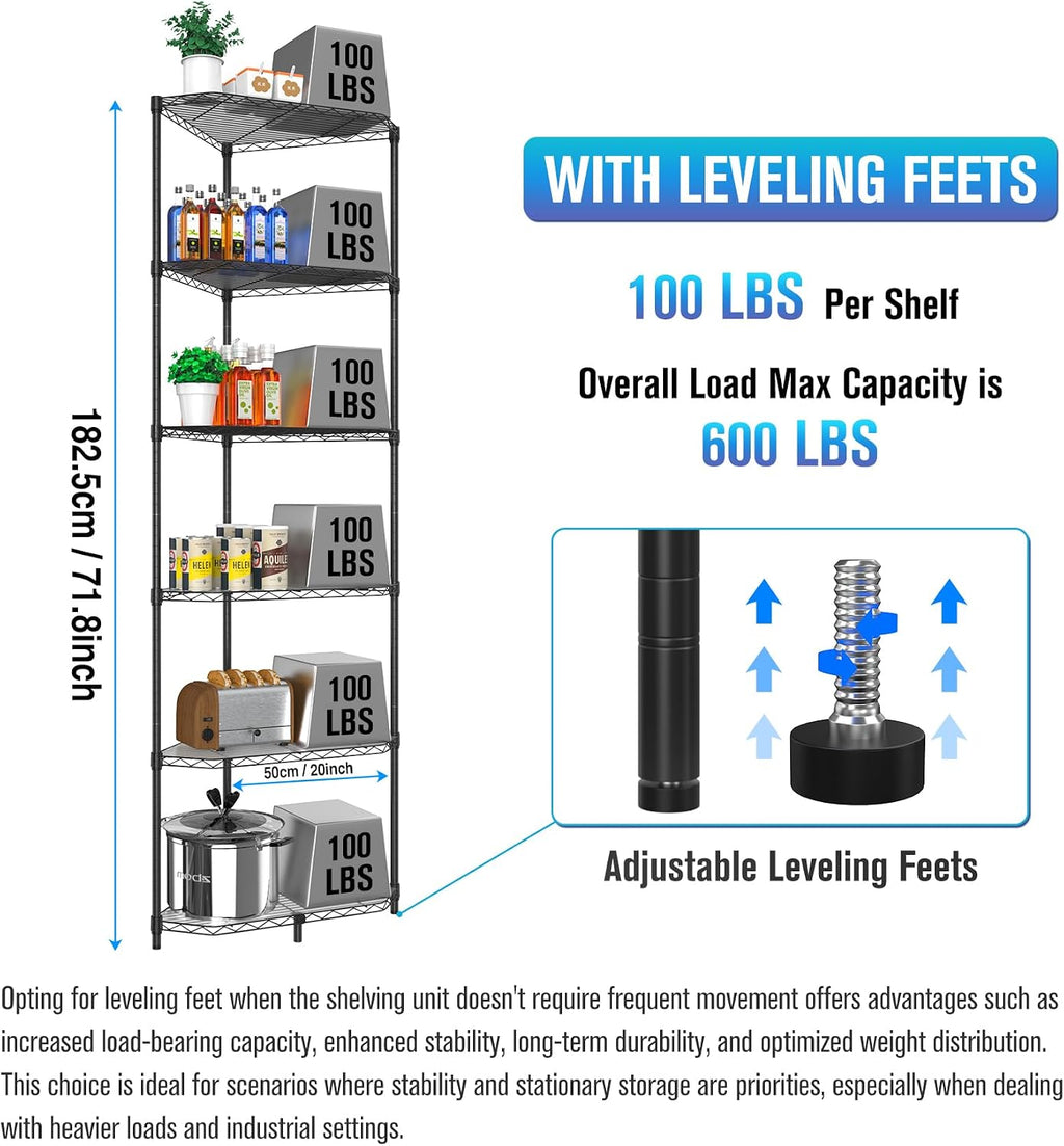 6 Tier NSF Storage Rack, 600lbs Capacity Metal Pentagonal Corner Wire Shelving Units with Adjustable Feet for Balcony, Kitchen, Bathroom 72' H x 20' L x 20' W Black