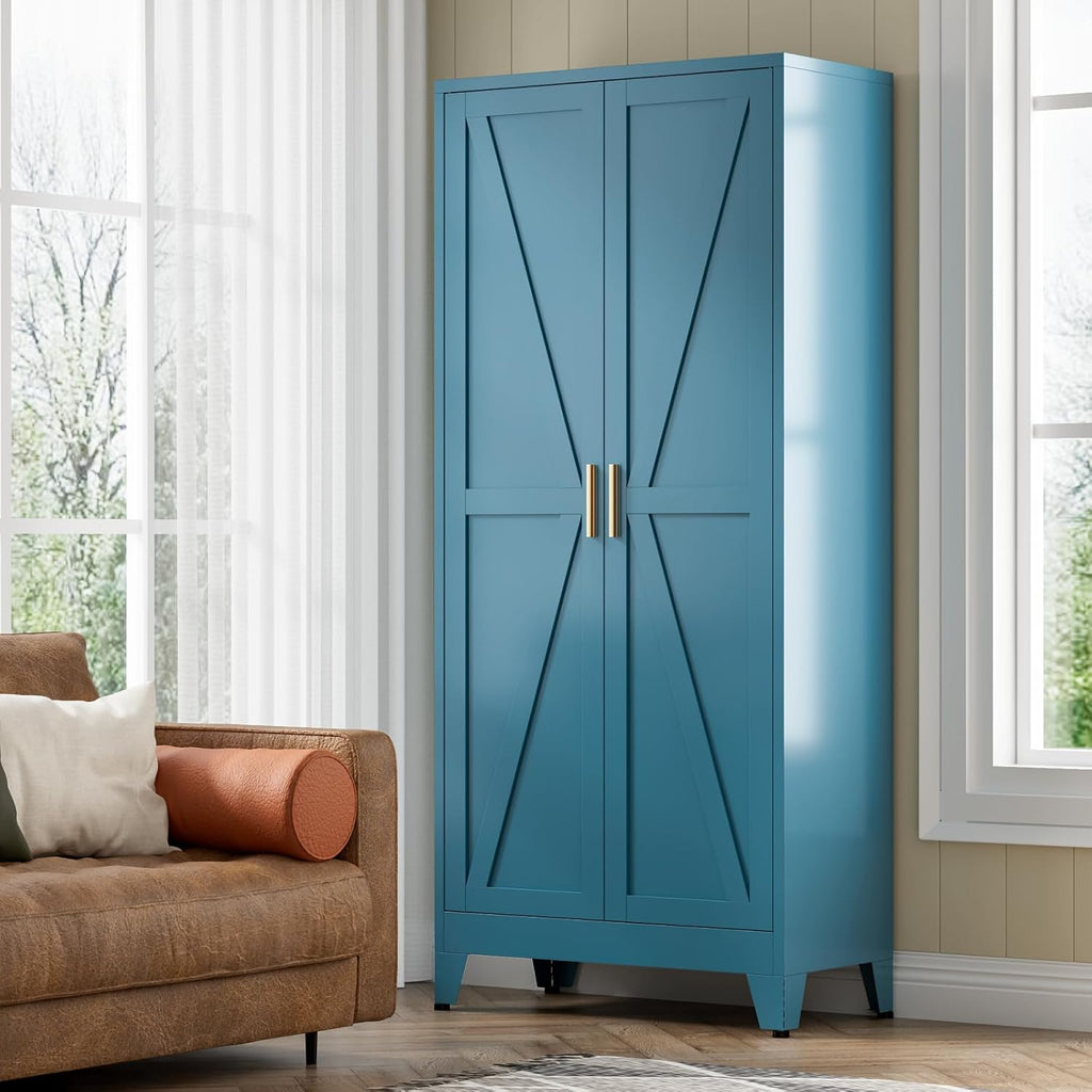 COFaR Home Farmhouse Storage Cabinet with 2 Barn Door, Tall Kitchen Pantry Cupboard with 3 Adjustable Shelves, for Dining Room, Bathroom, Living Room (Blue Green, 61' Farmhouse)