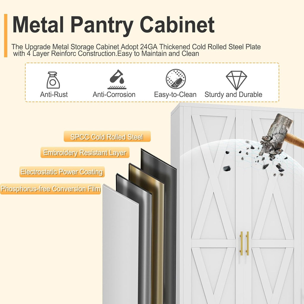 61' H Metal Kitchen Pantry Storage Cabinet, Freestanding Cupboard with 2 Doors and 3 Adjustable Shelves, Standing Storage for Kitchen, Bathroom, Garage, Dinning Room or Utility Room（White）