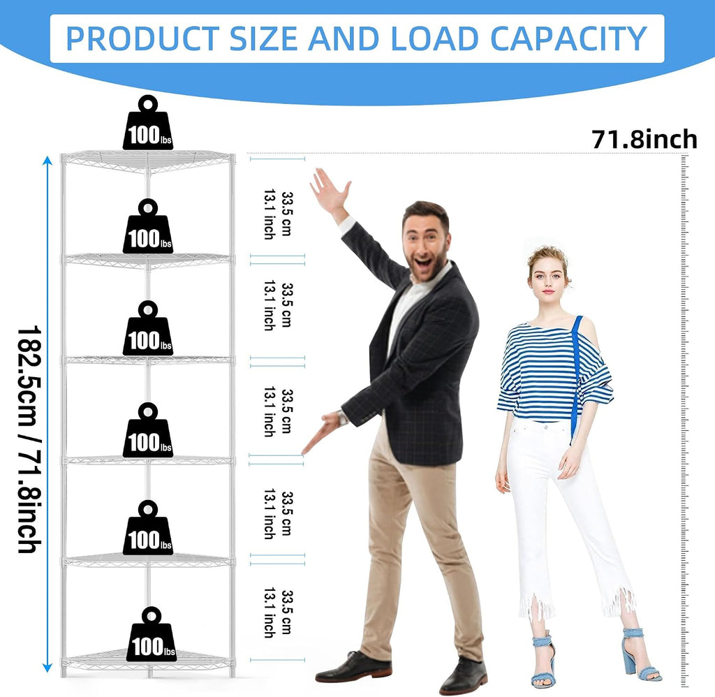 White Corner Storage Rack, 6 Tier Metal Corner Shelf Wire Shelving Unit, 600lbs Capacity, NSF, Adjustable Height, Leveling Feet and Liners, Ideal for Bathroom, Kitchen, 72'H x 20'L x 20'W, Pentagonal