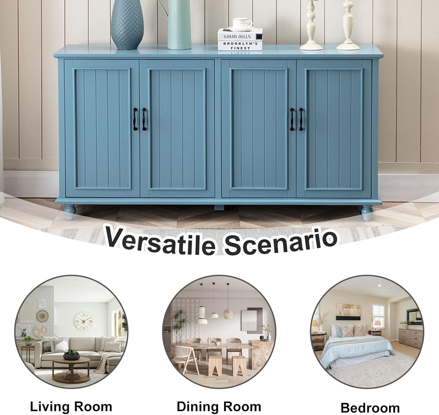 Scurrty Buffet Cabinet with Storage, 62'' Coffee Bar in Kitchen, Buffet with 4 Doors,Sideboard Buffet Cabinet for Dinning Room, Kitchen & Living Room (4 Doors, Blue)