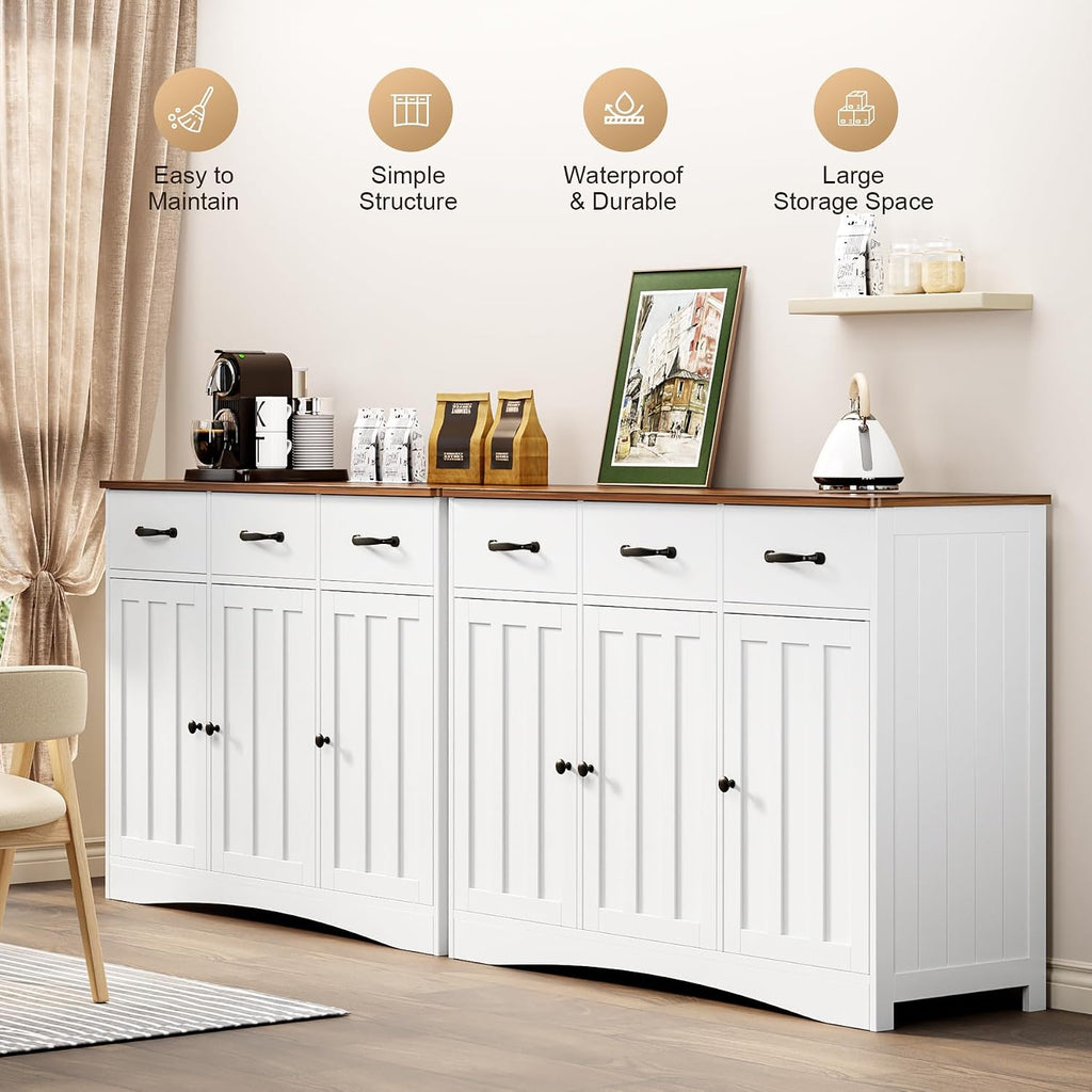 Gizoon Farmhouse Sideboard Buffet Cabinet, 42.5'' Kitchen Storage Cabinets with 3 Drawers and Barn Doors, Wood Coffee Bar Cabinet with Adjustable Shelf for Kitchen, Dining Room, Living Room, Retro